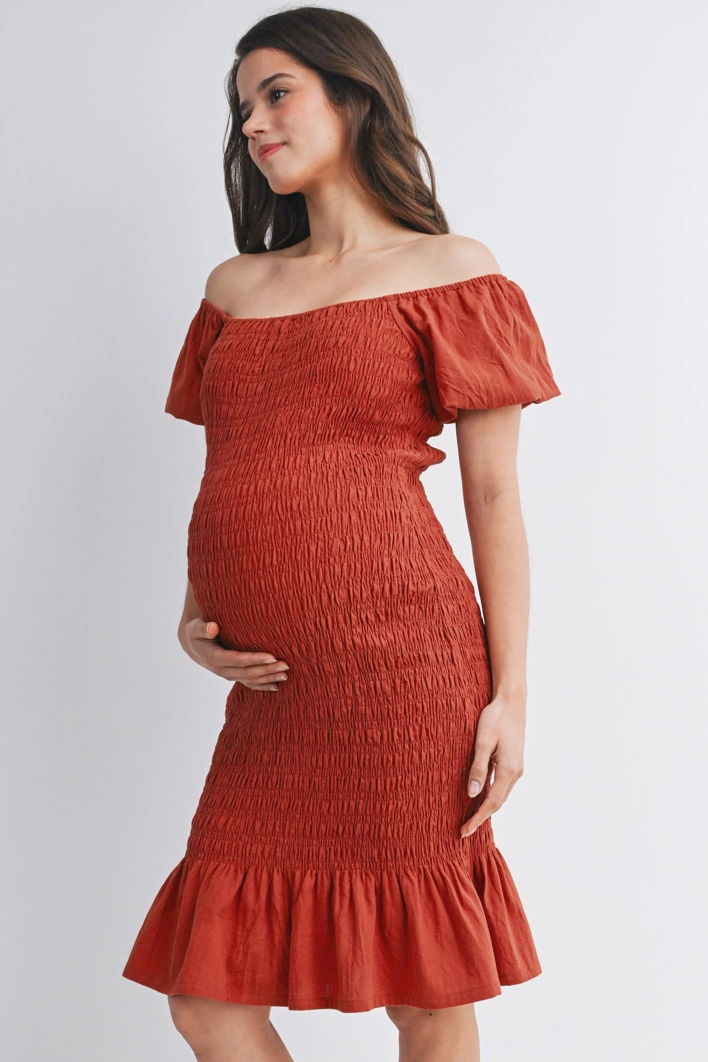 Rust Colored Shirred Off the Shoulder Maternity Dress – Bump Maternity