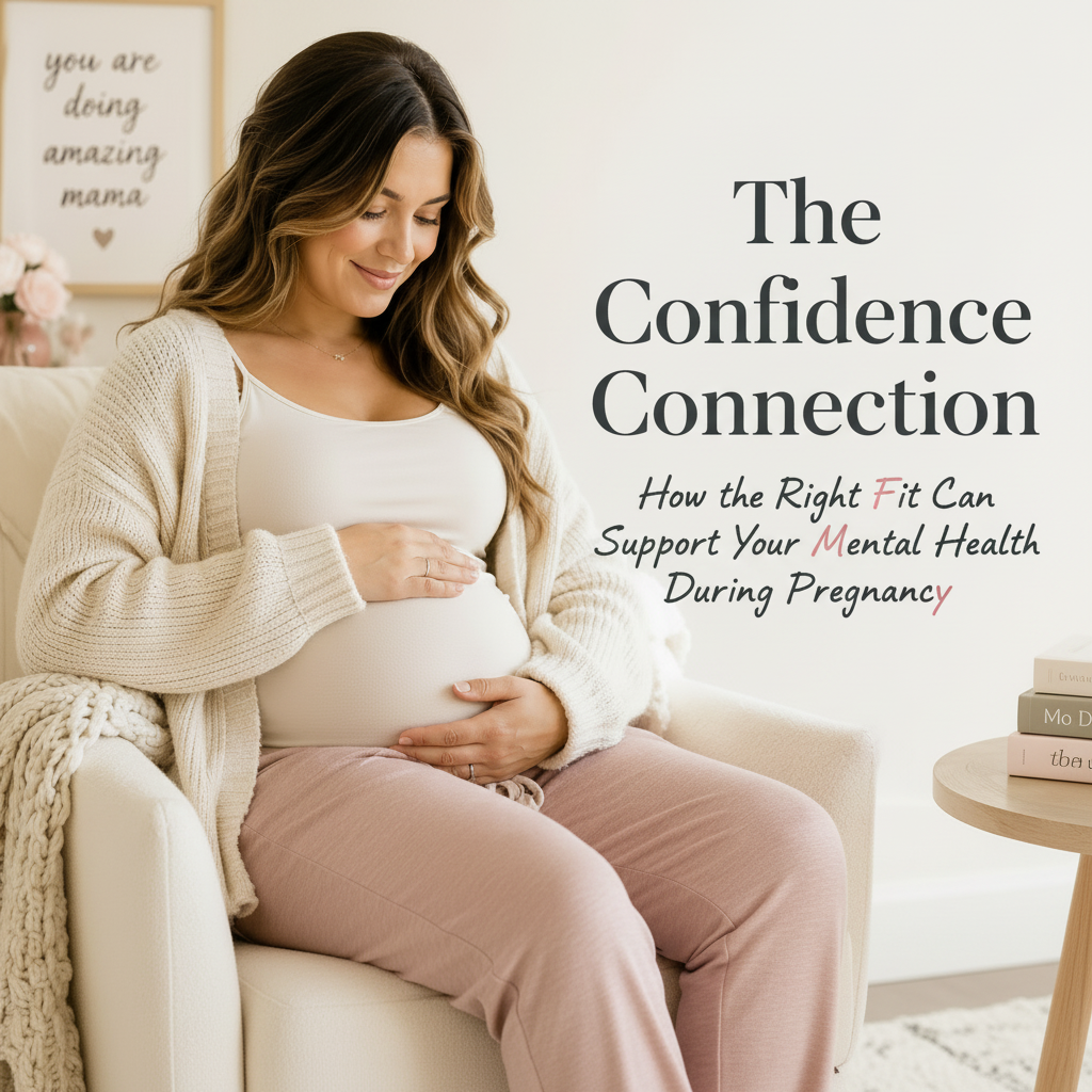 Confident pregnant woman wearing maternity clothing, representing body confidence and mental wellness during pregnancy