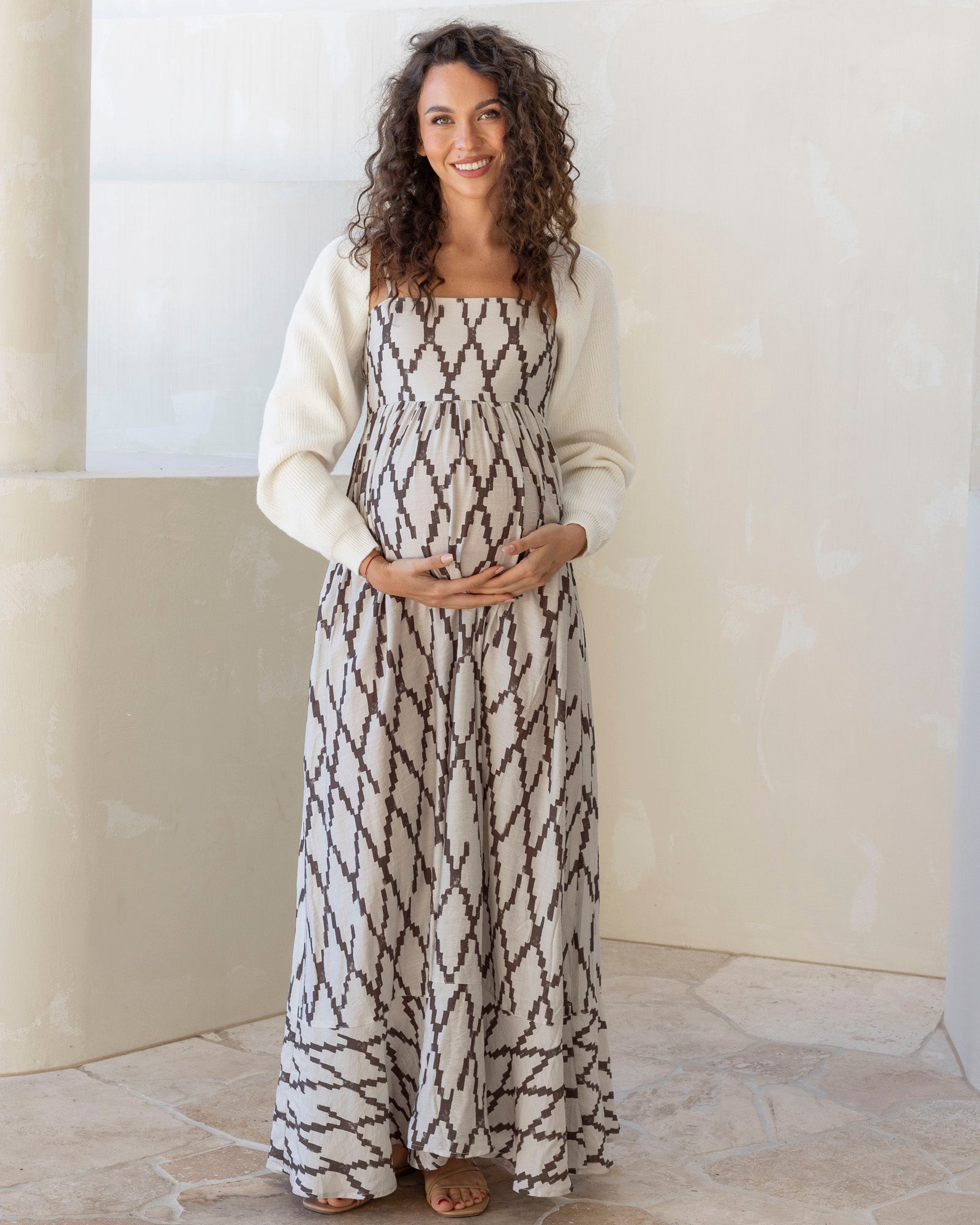 Clemence Maternity Summer Maxi Dress in Cross Print