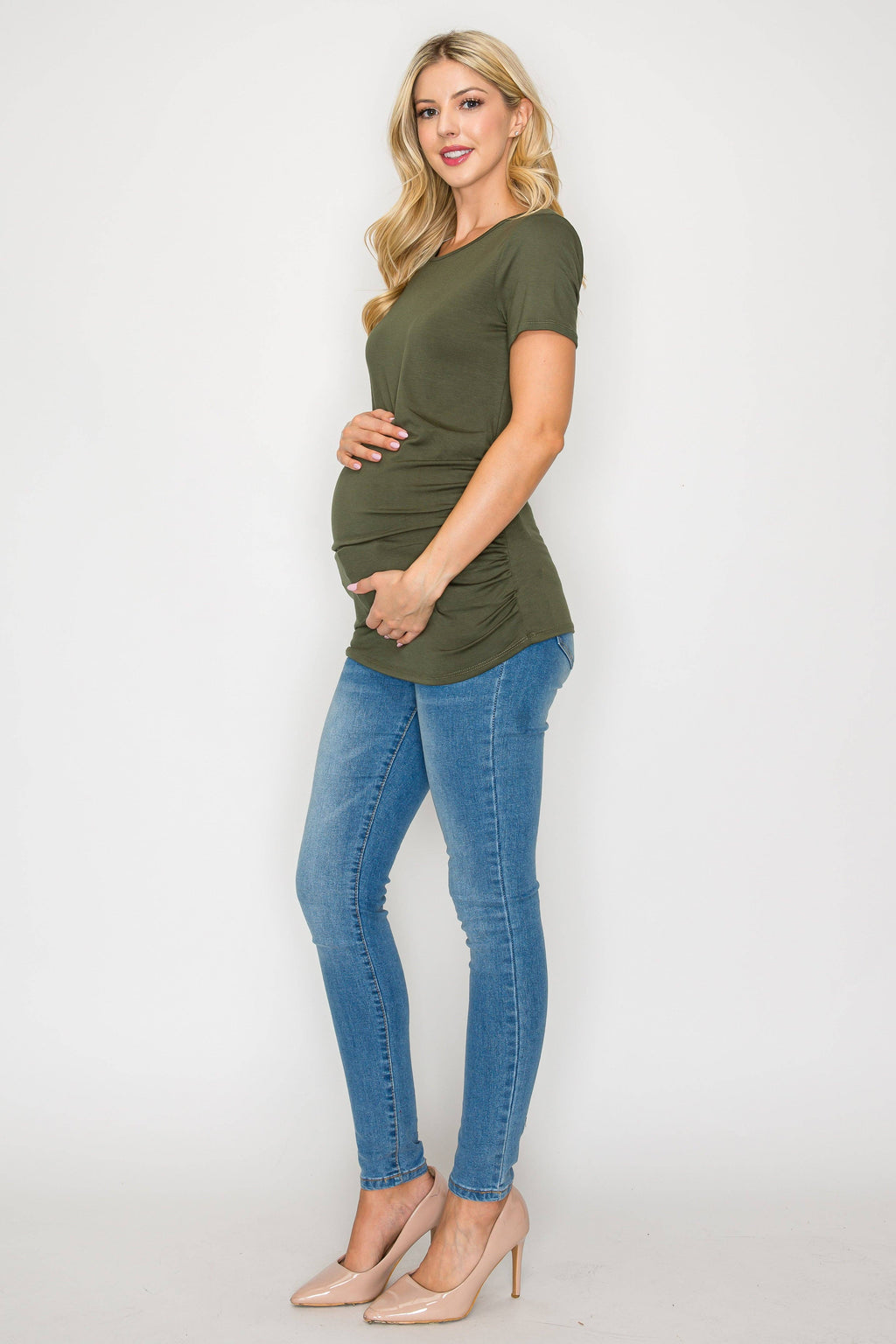 Elisse Casual Short Sleeve Maternity Top W/Side Ruching in Olive