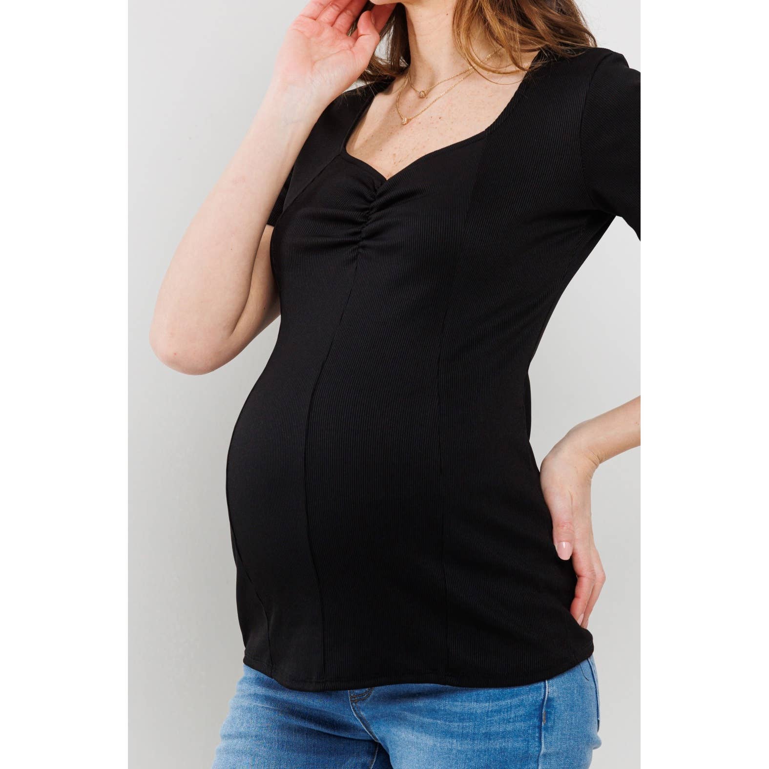 Black Sweetheart Ribbed Maternity Short Sleeve Top