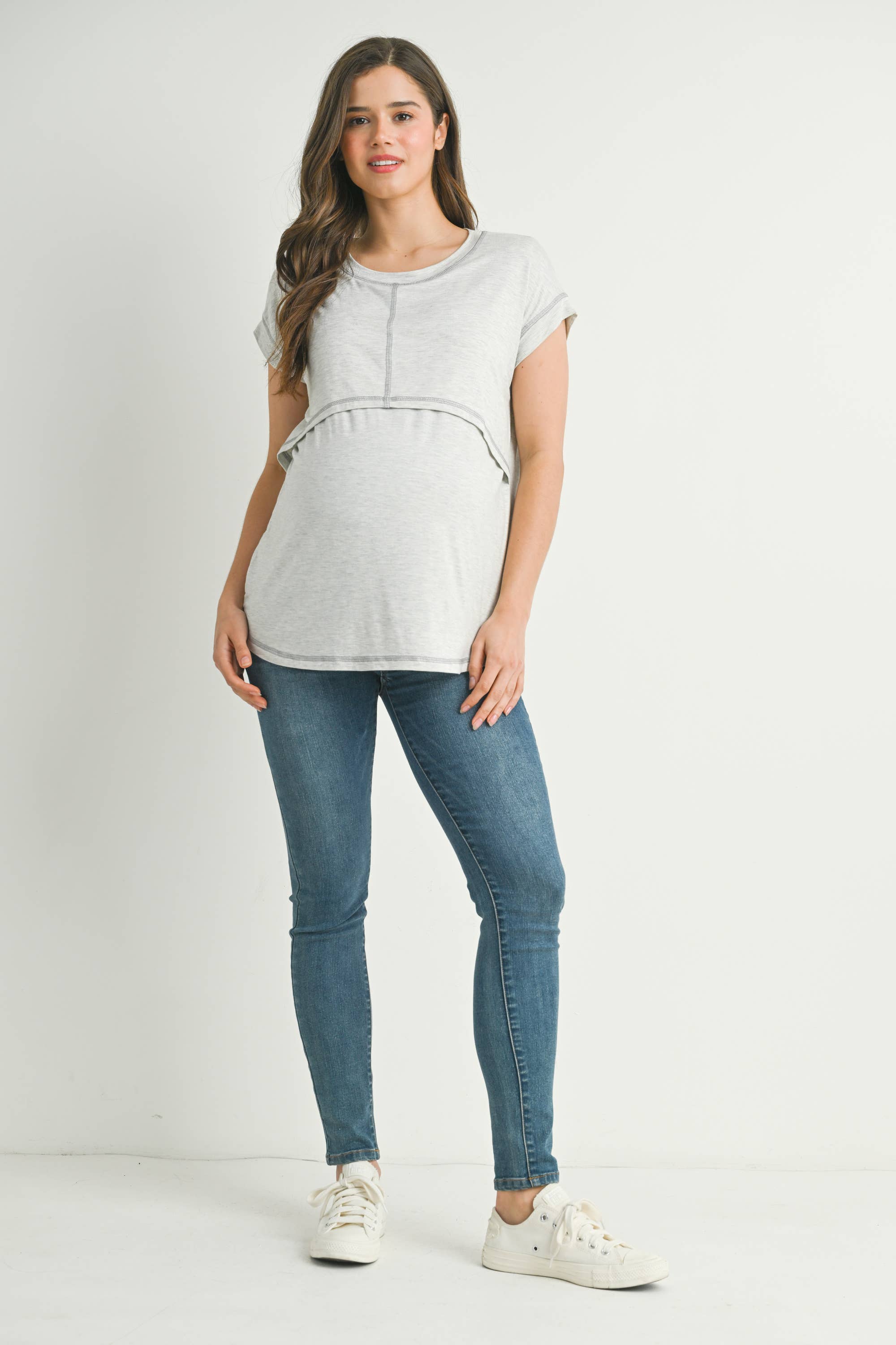 Double Layer Short Sleeve Maternity Nursing Top in Grey