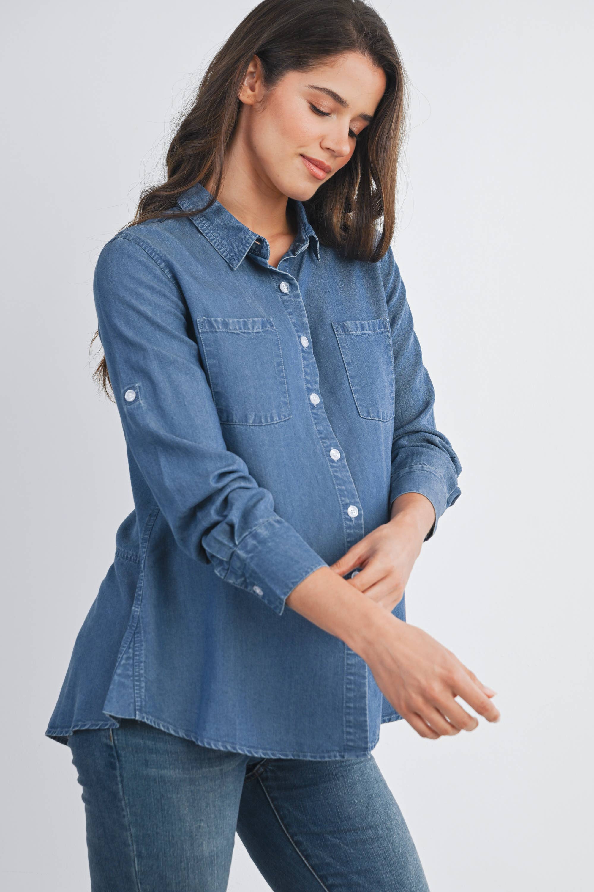 Button Down Long Sleeve Chambray Maternity Top