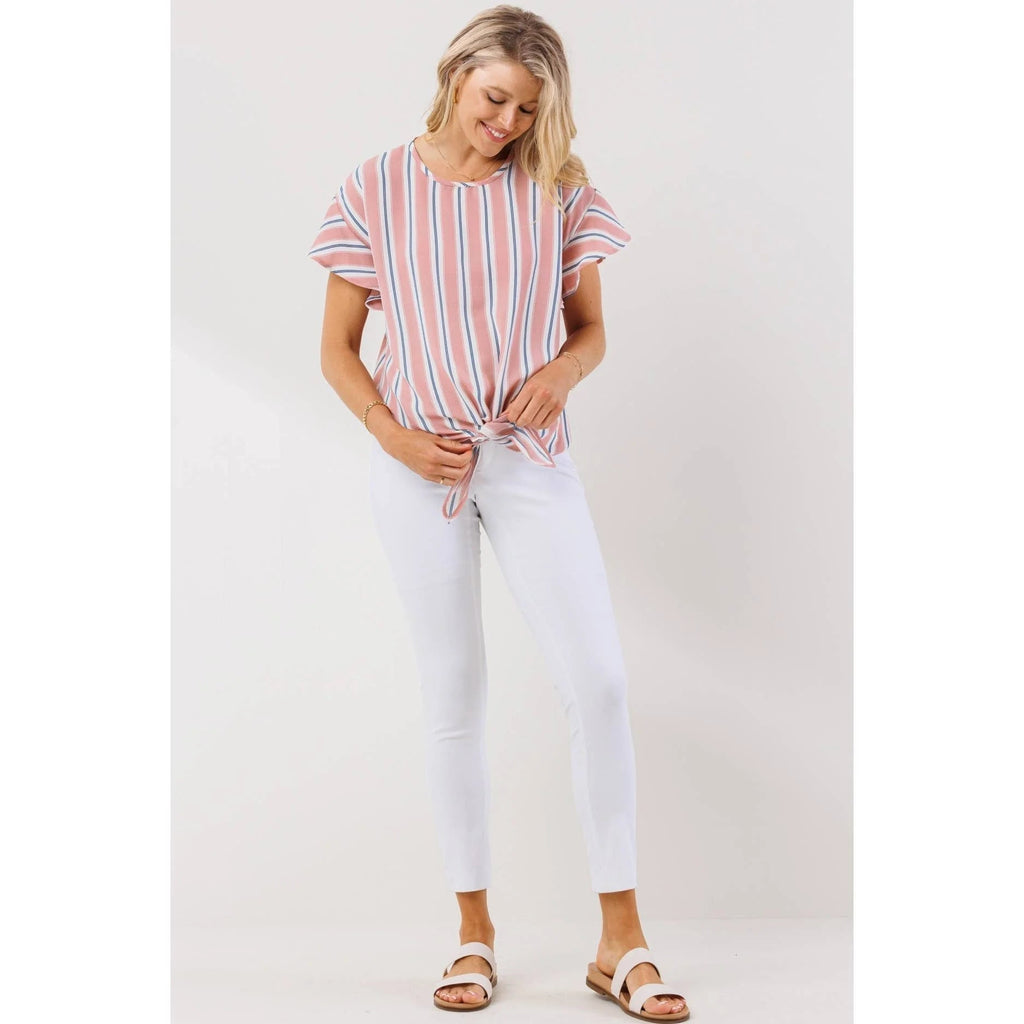 Pink Striped Ruffle Sleeve Round Neck Maternity Blouse