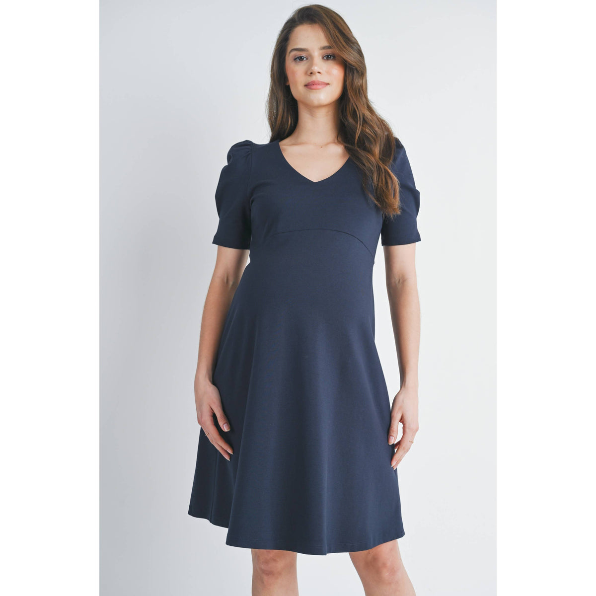 V-Neck Short Sleeve Navy Career Maternity Dress