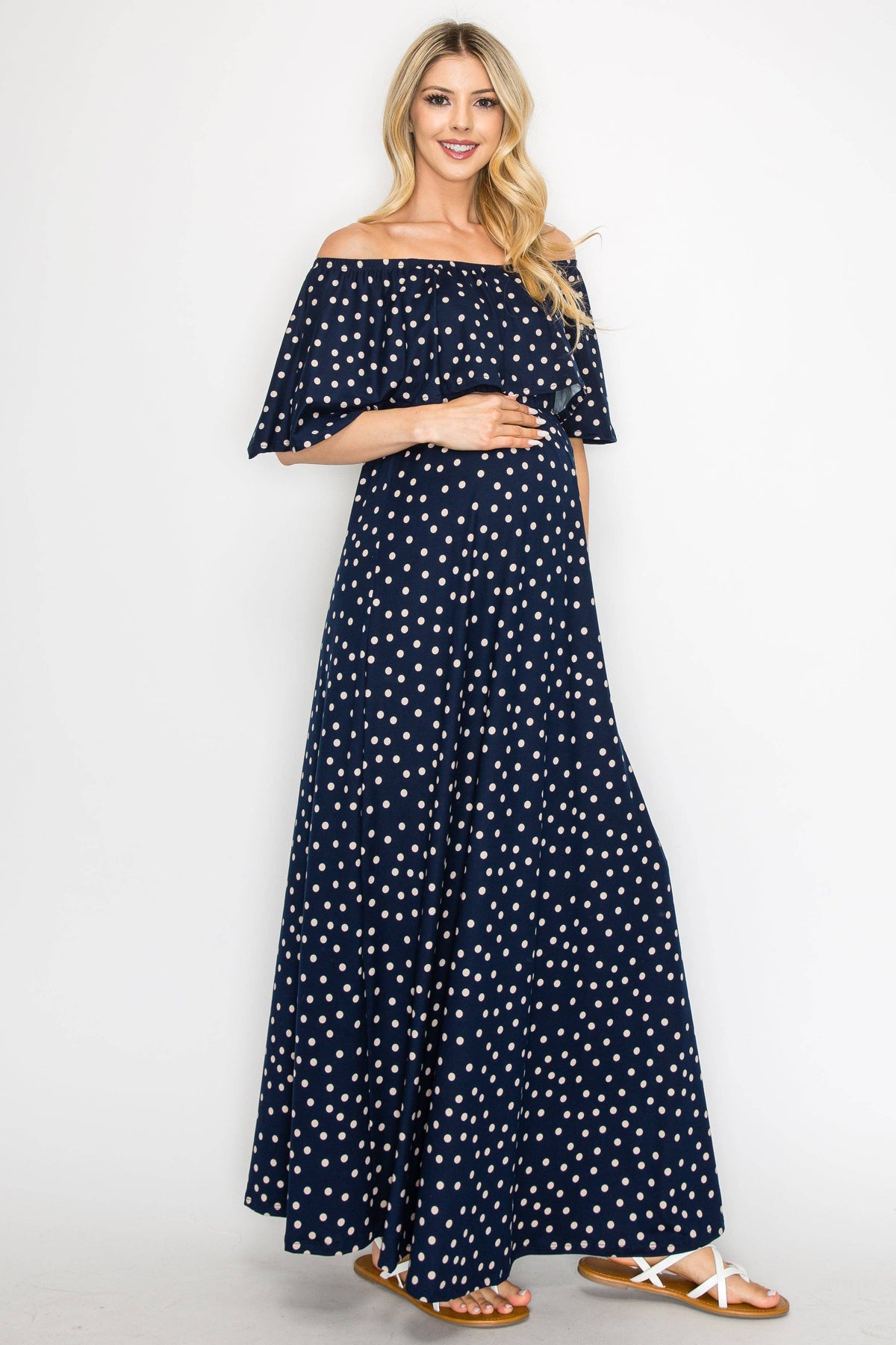 Off The Shoulder Navy/Polka Dot Maternity Maxi Dress