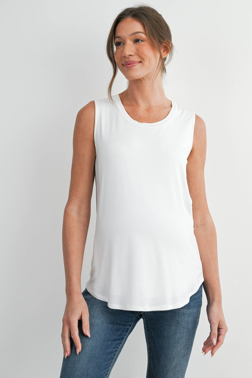 Double Layer Sleeveless Maternity Nursing Knit Tank Top in White