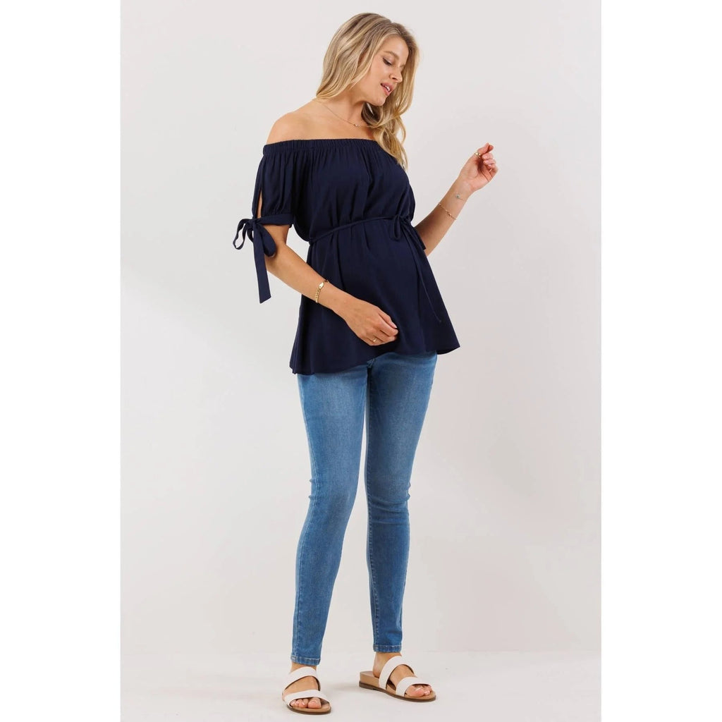 Off The Shoulder Tie-Sleeve Maternity Textured Top