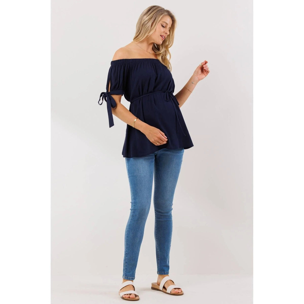 Off The Shoulder Tie-Sleeve Maternity Textured Top
