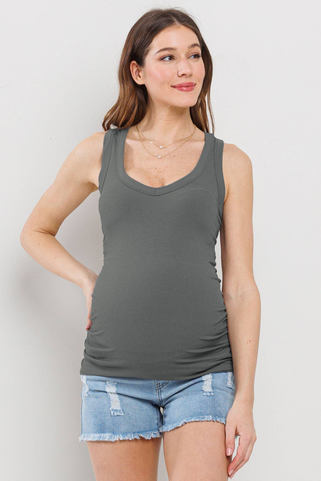 Ruched V-Neck Maternity Ribbed Tank Top in Olive