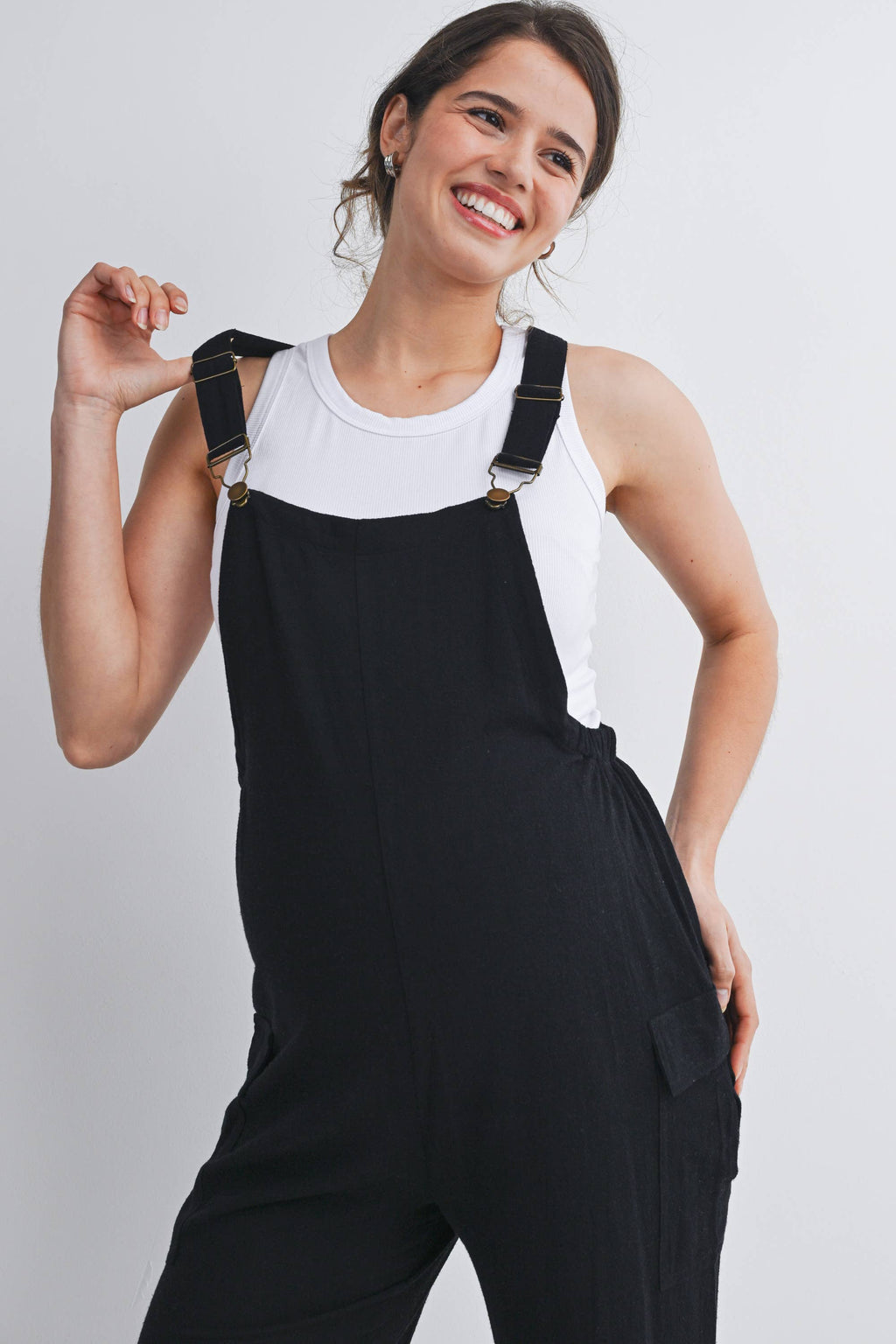 Straight Leg Maternity Adjustable Overalls in Black