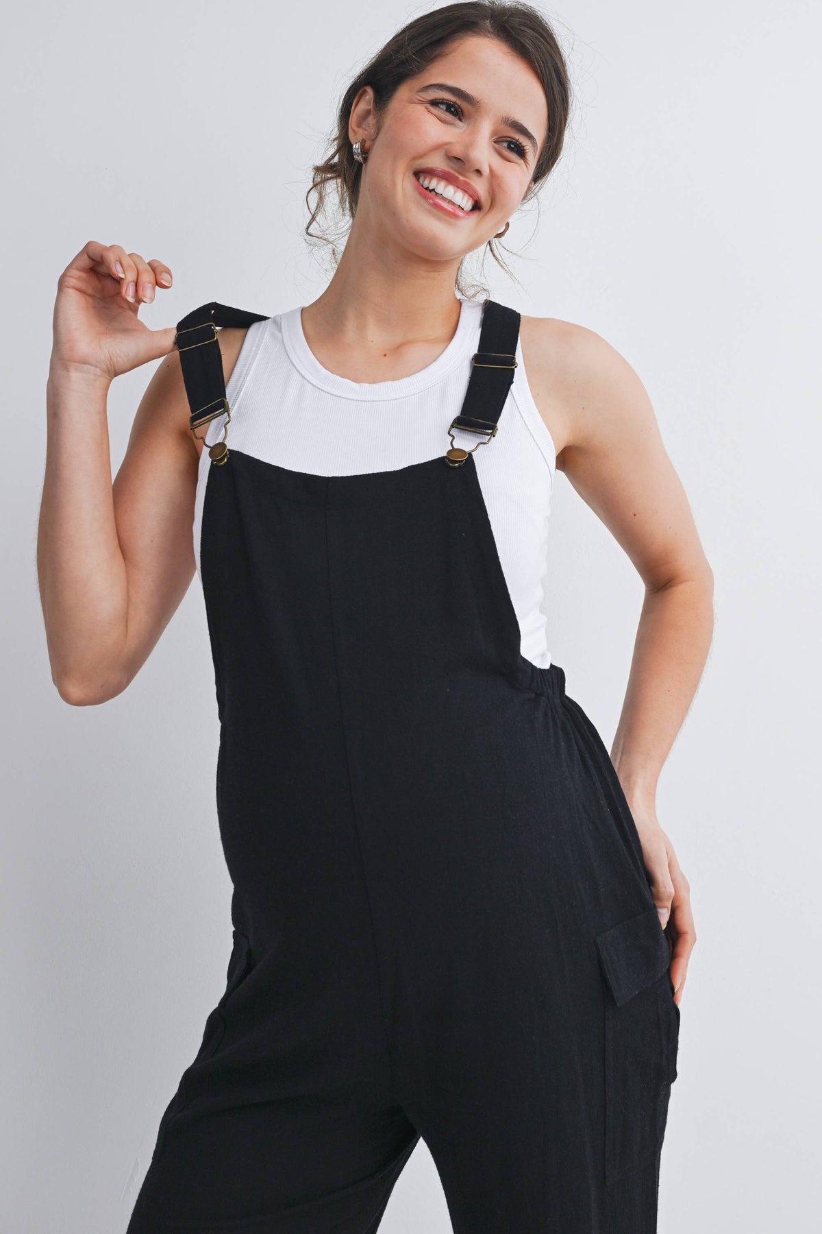 Straight Leg Maternity Adjustable Overalls in Black