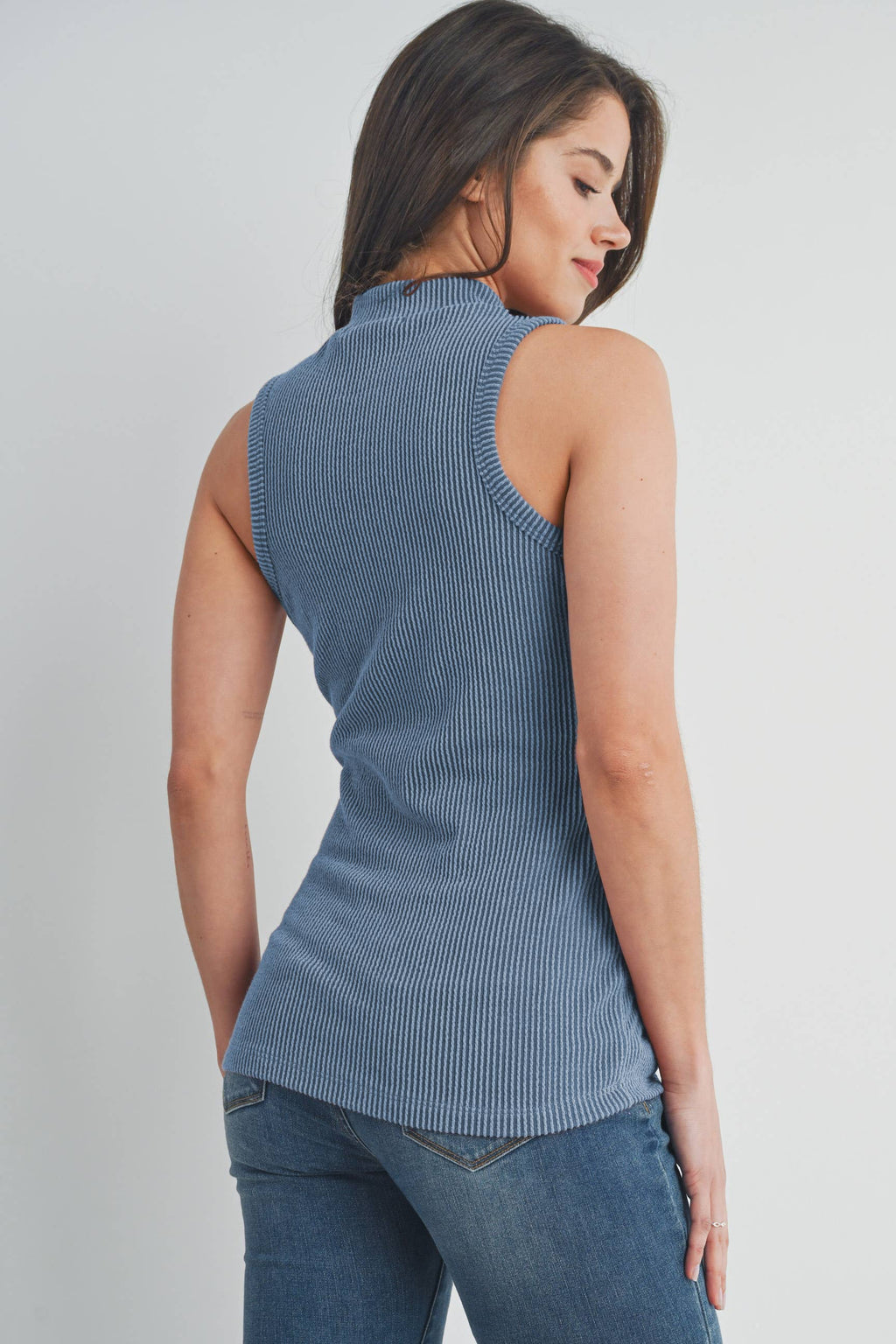 Ribbed Mock Neck Maternity Tank Top in Denim Blue