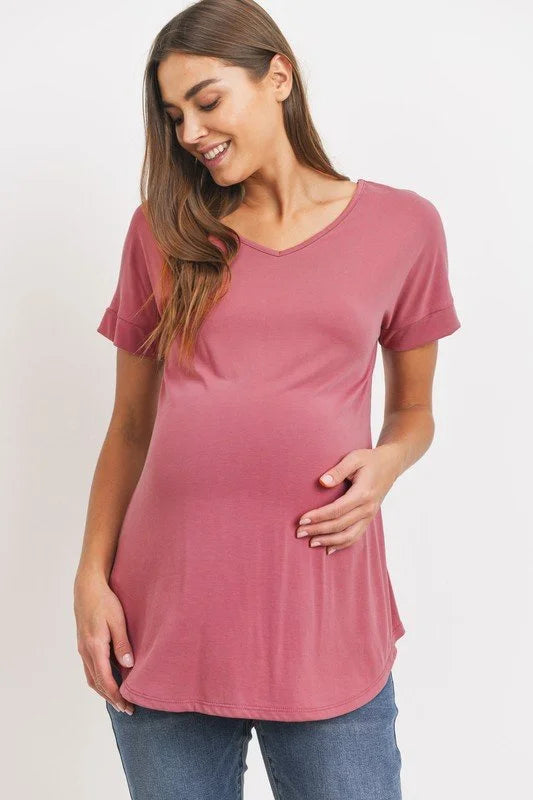 Deep Rose Short Sleeve Washed Look Maternity Top
