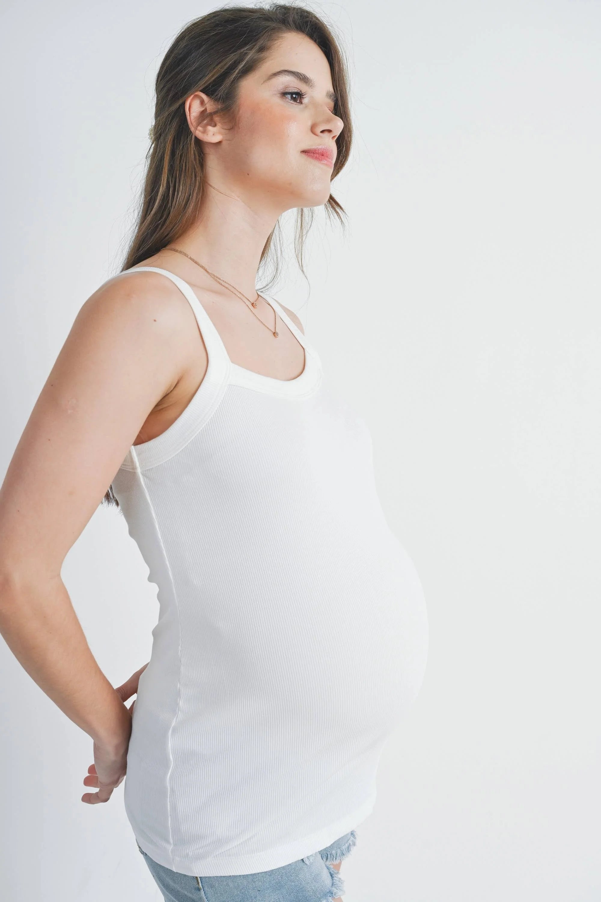Naby Ribbed Square Neck Maternity Solid Tank Top
