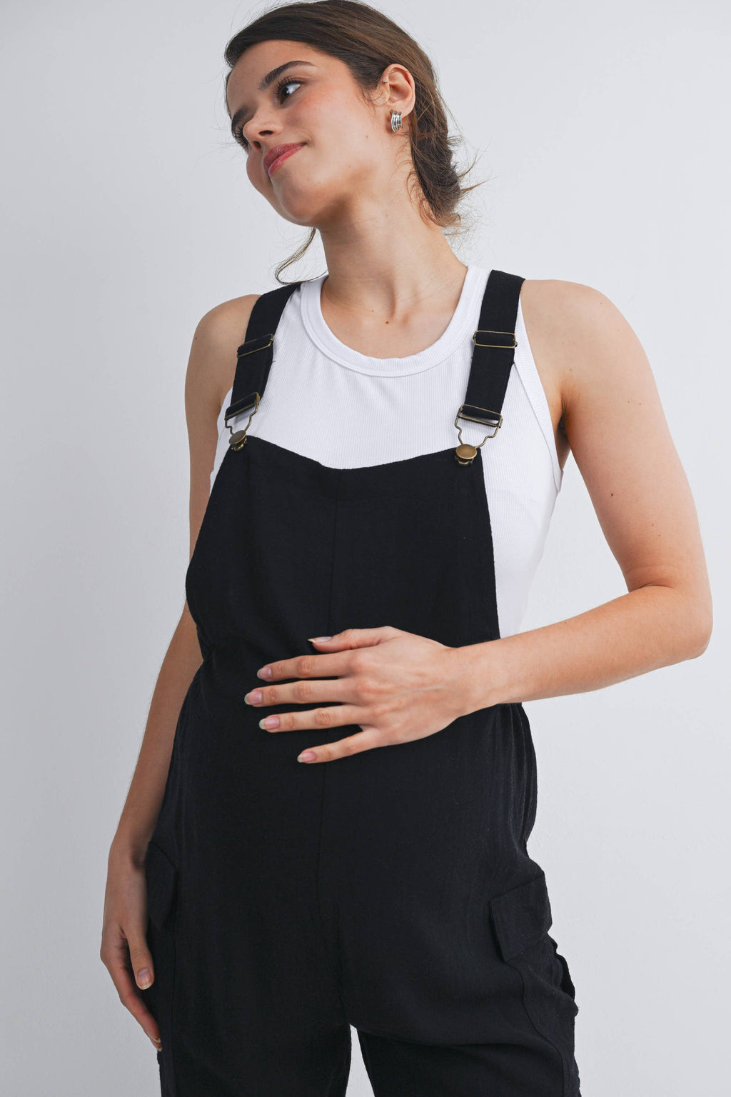 Straight Leg Maternity Adjustable Overalls in Black