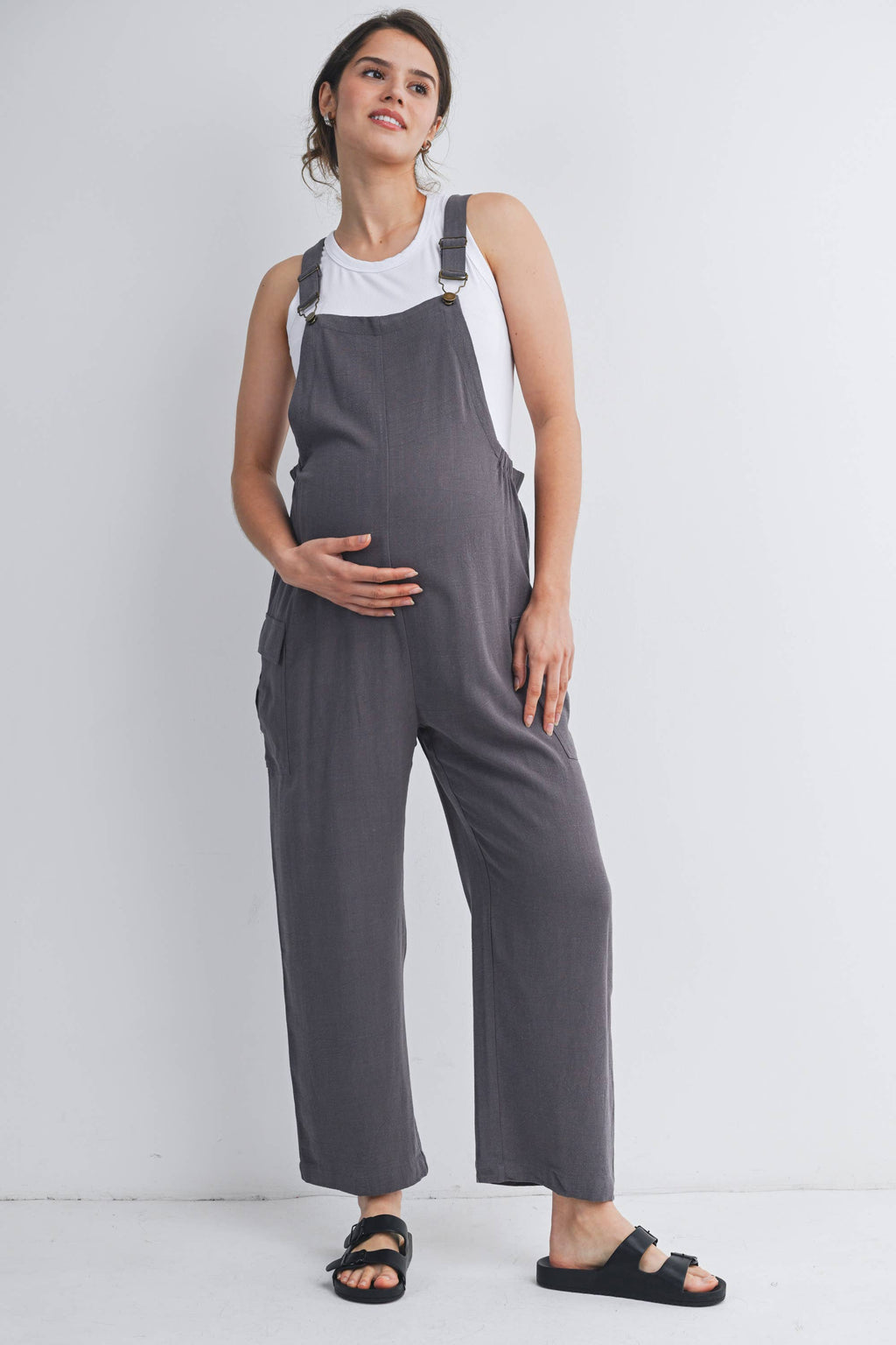 Straight Leg Maternity Adjustable Overalls in Gray