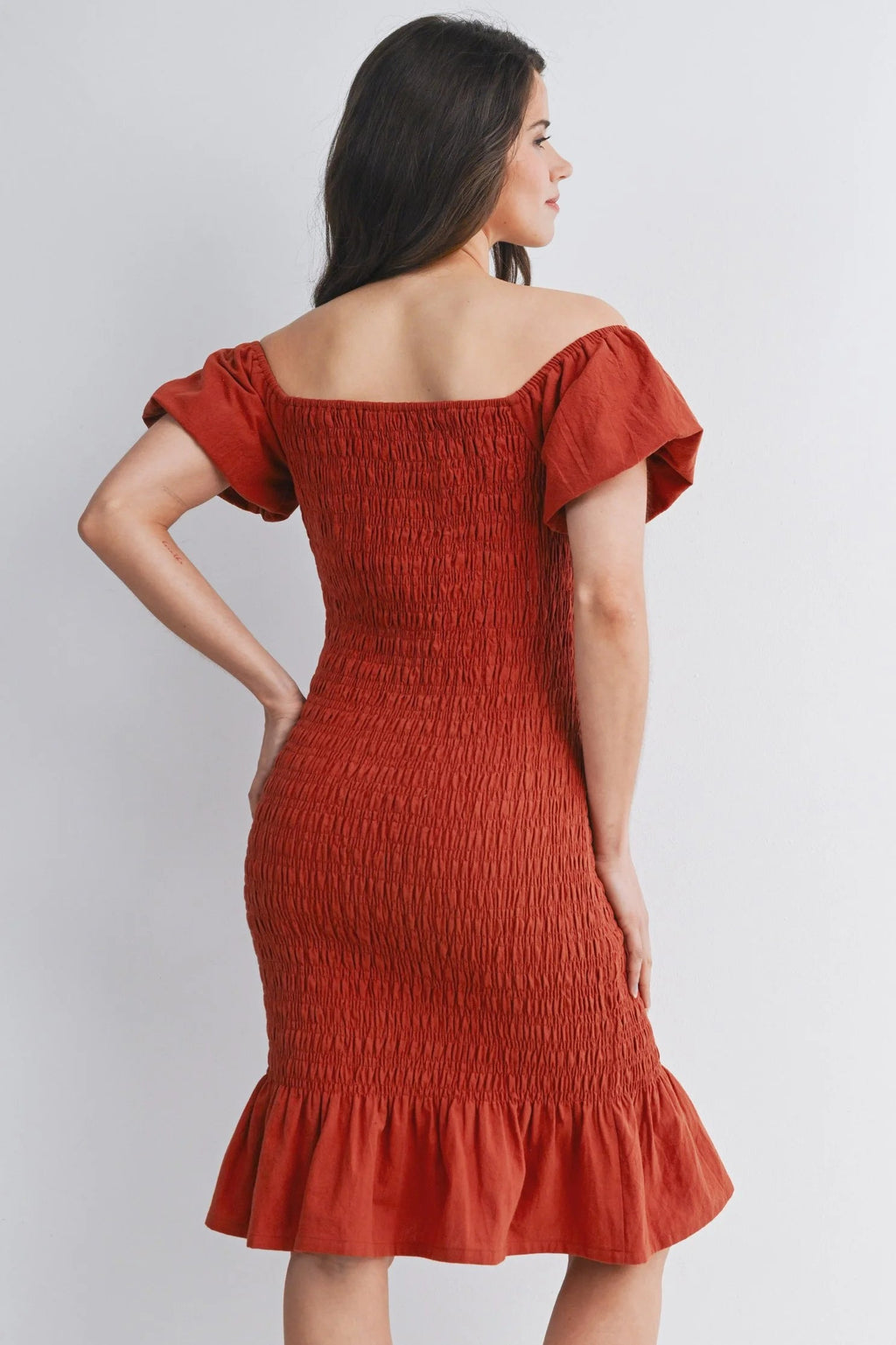 Rust Colored Shirred Off the Shoulder Maternity Dress