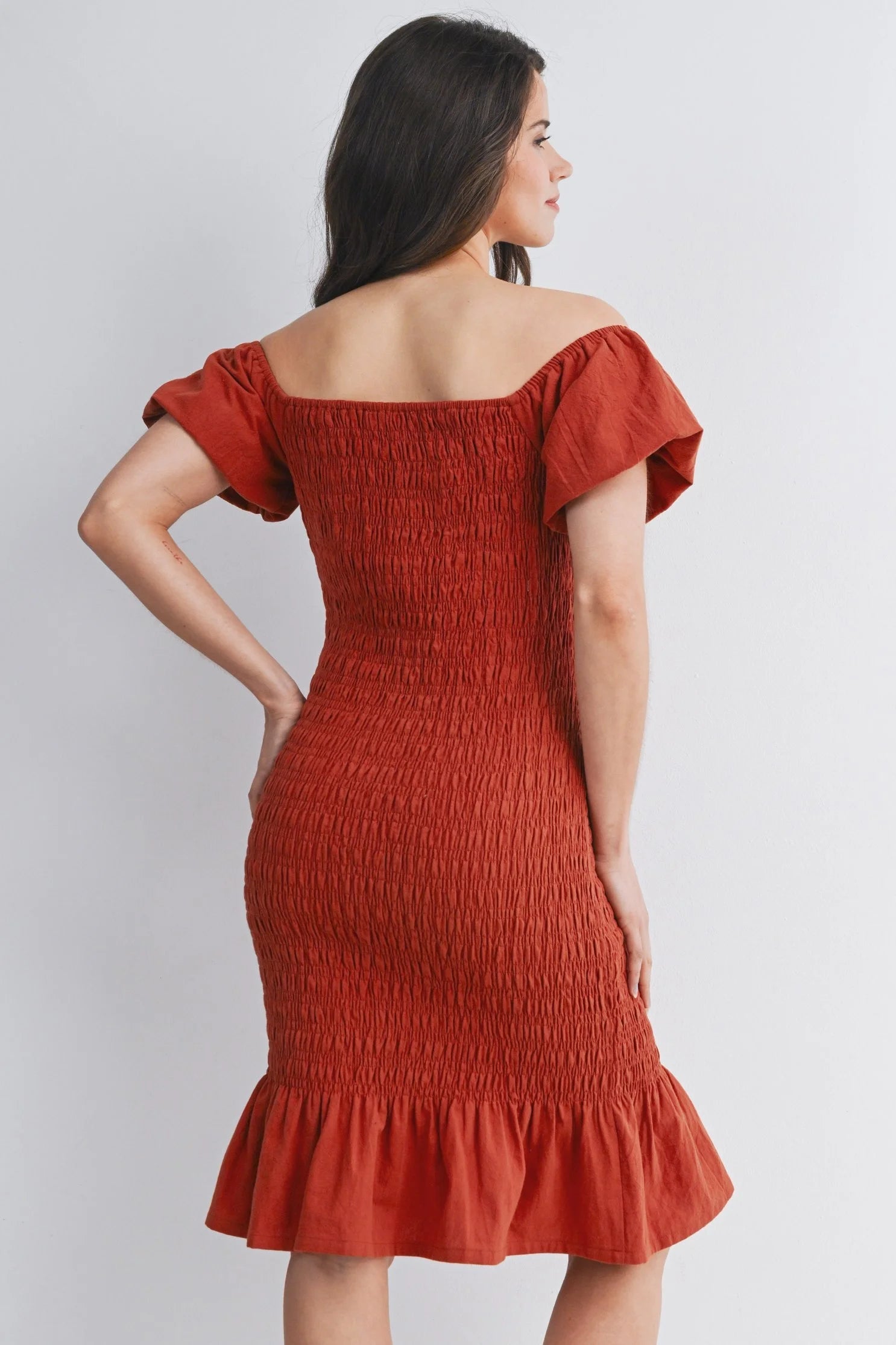 Rust Colored Shirred Off the Shoulder Maternity Dress