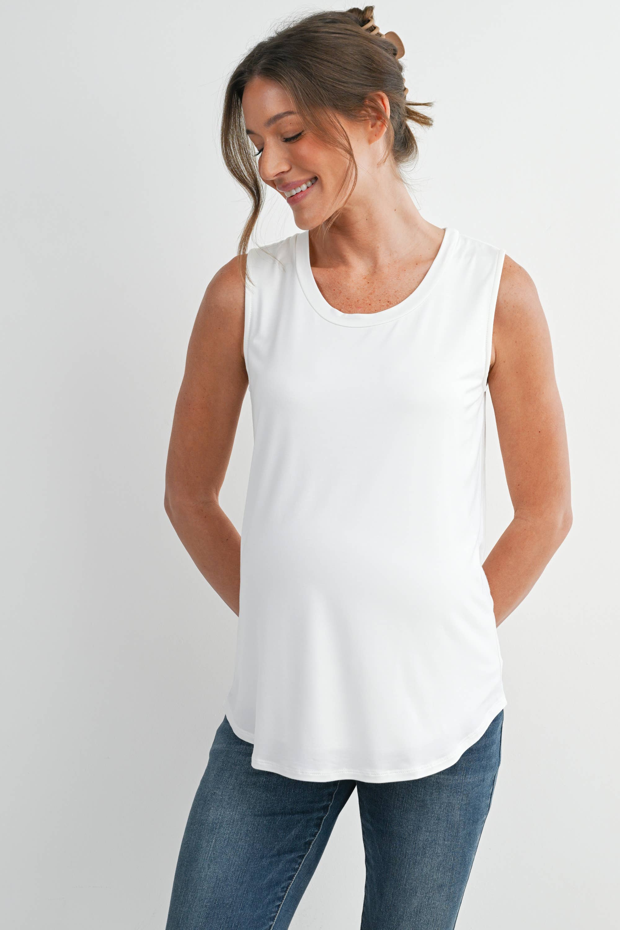 Double Layer Sleeveless Maternity Nursing Knit Tank Top in White