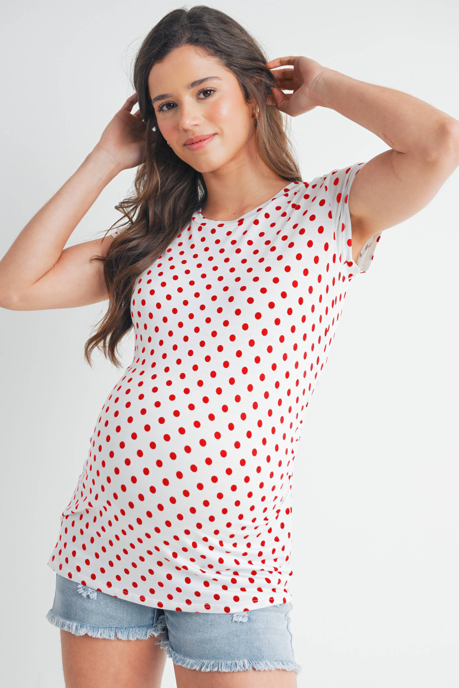 Polka Dot Short Sleeve Maternity T-Shirt in Ivory/Red