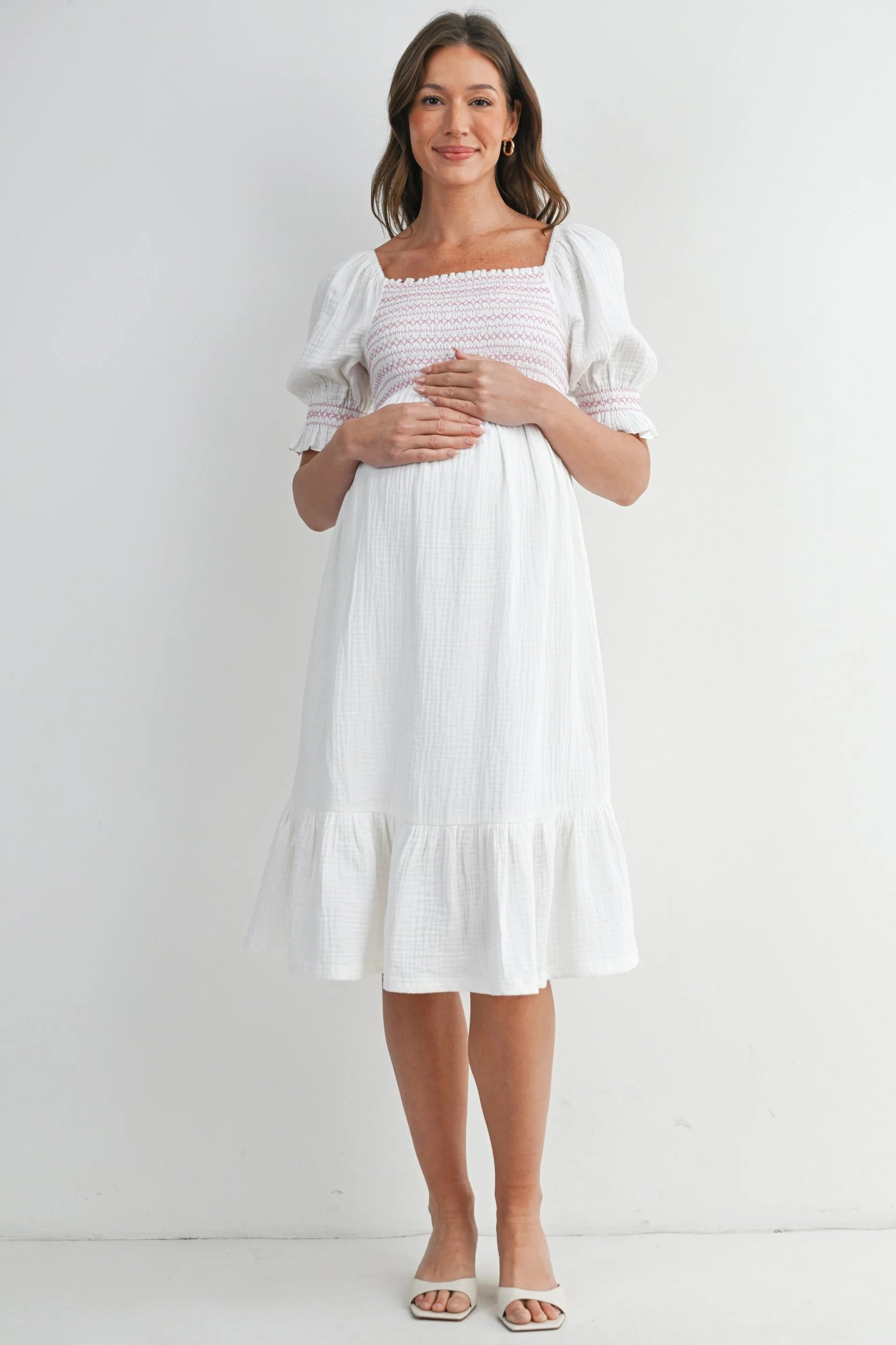 flowy dresses maternity OUGES Women's Ruffle Summer Baby Shower Dress(Light Green,S) sweetheart or straight neckline to accentuate your assets White Cotton Flowy Maternity Dress