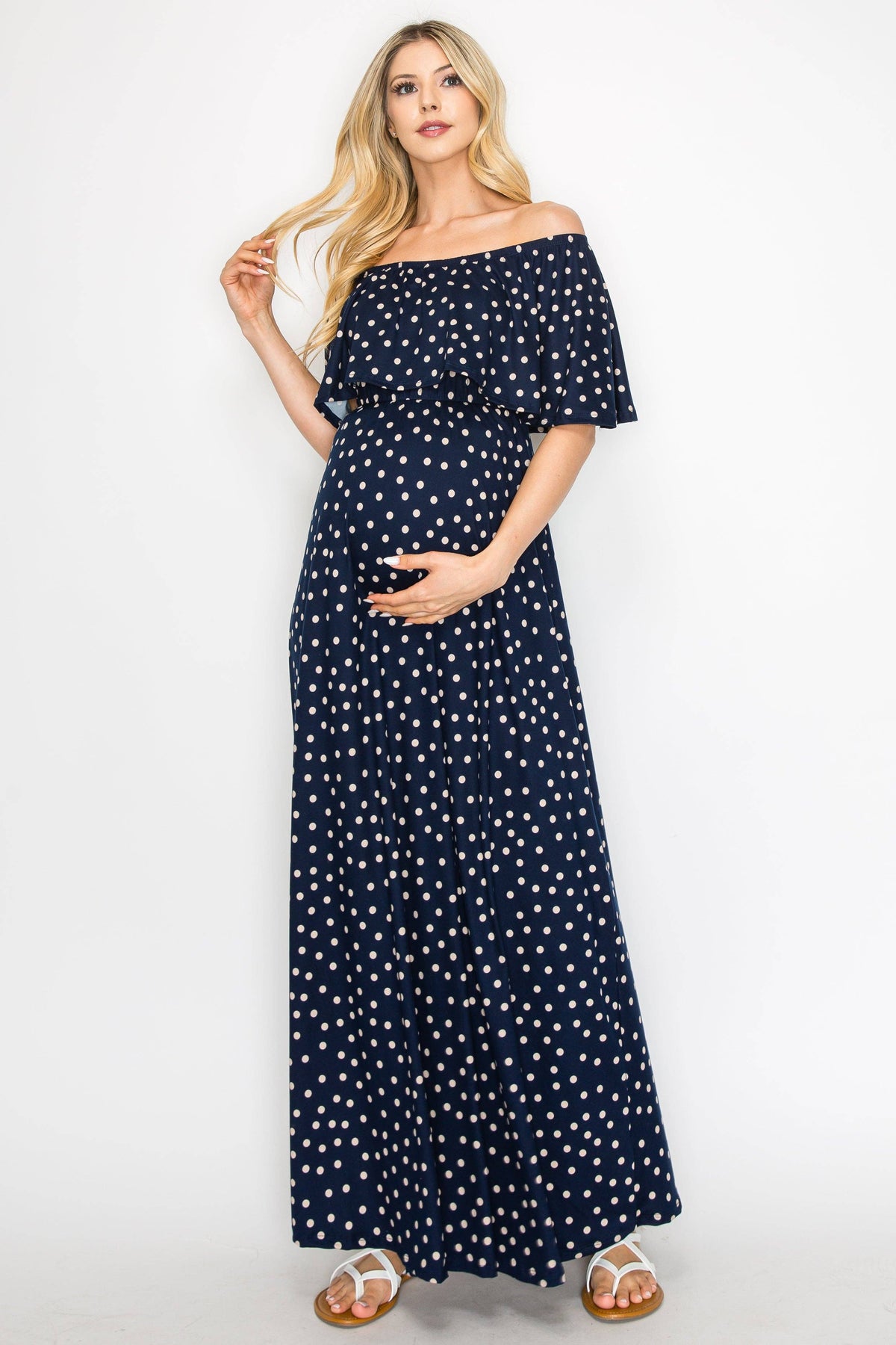 Off The Shoulder Navy/Polka Dot Maternity Maxi Dress