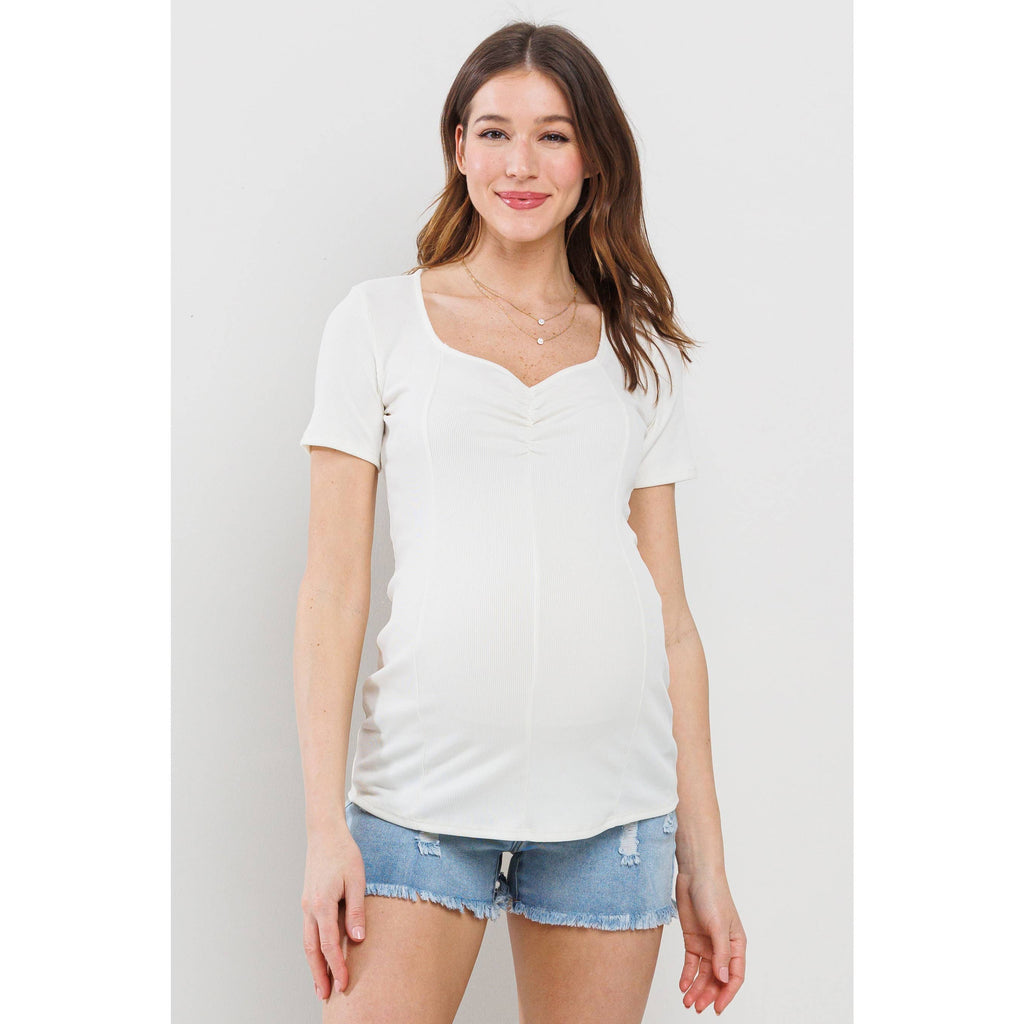 Cream Sweetheart Ribbed Maternity Short Sleeve Top