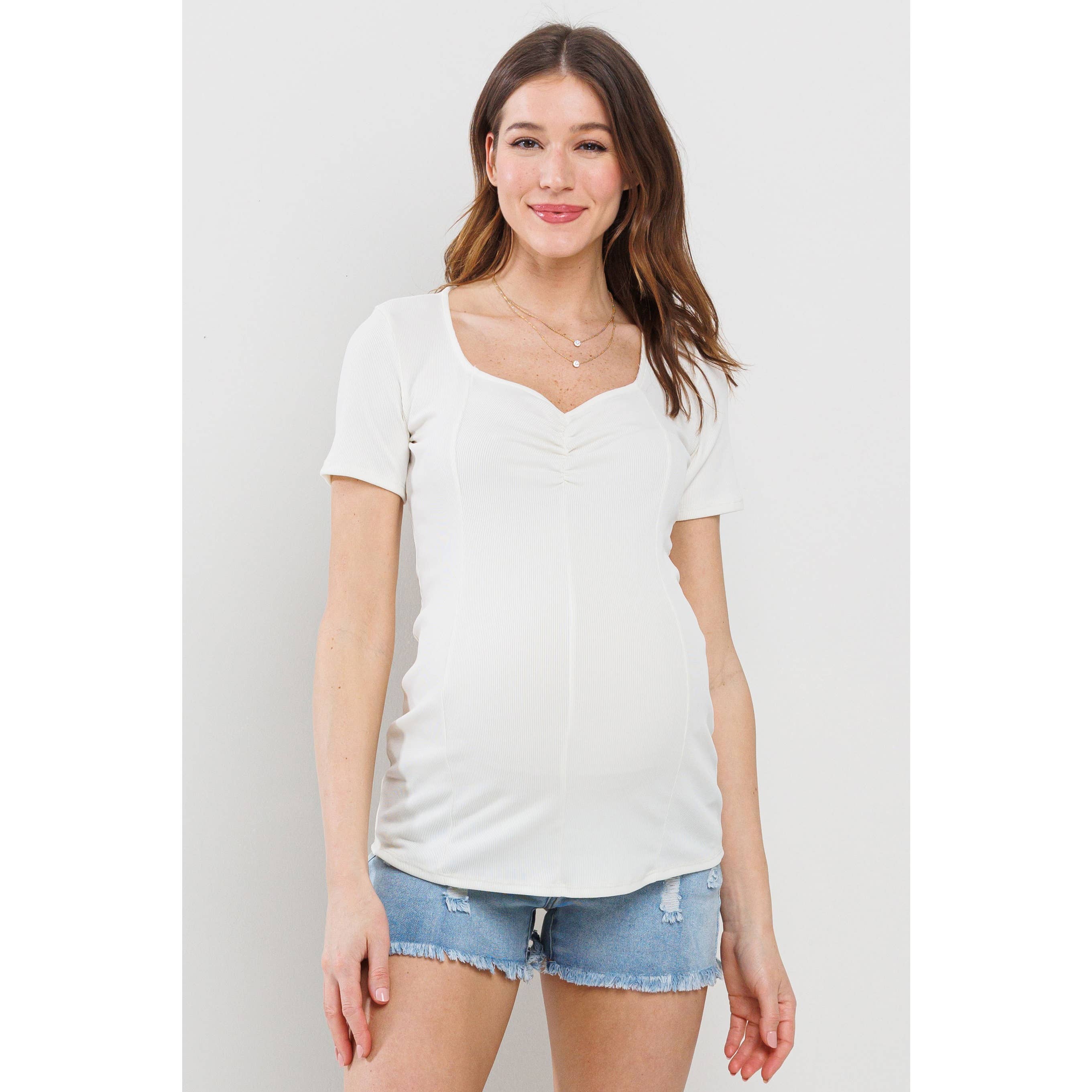 Cream Sweetheart Ribbed Maternity Short Sleeve Top