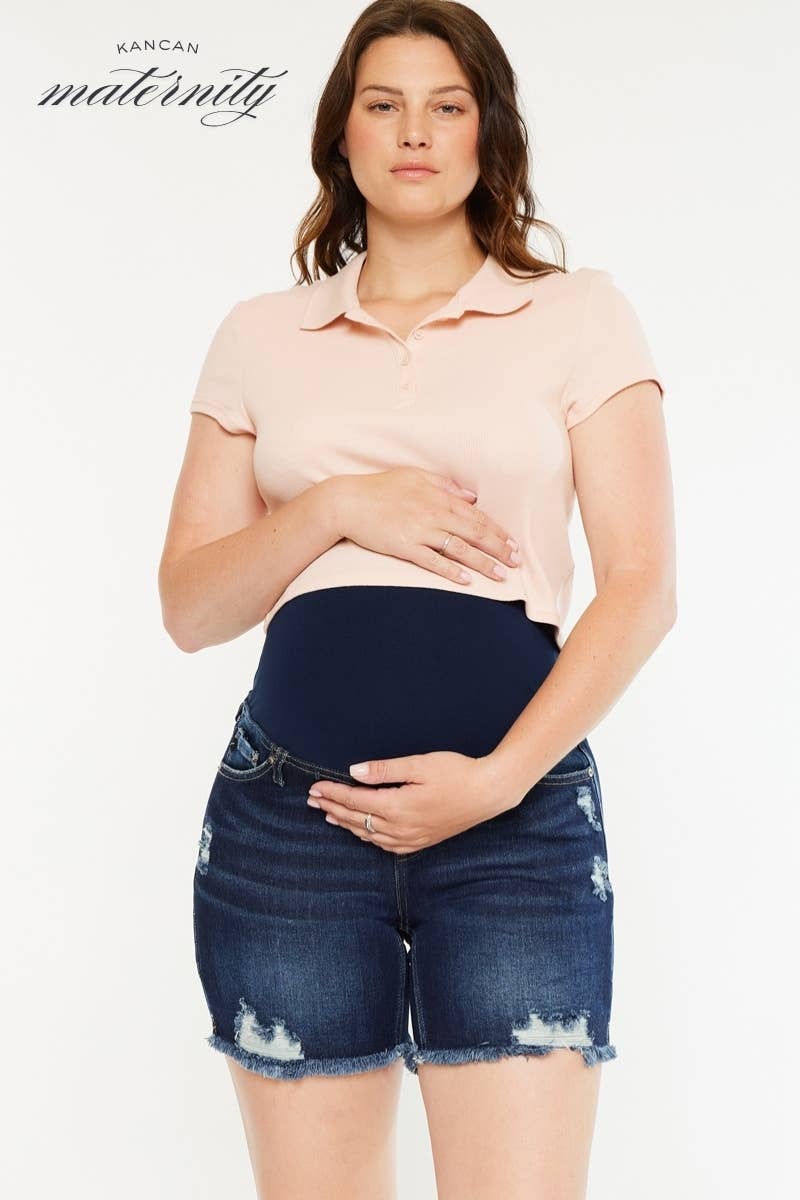 Distressed Maternity Dark Wash Denim Shorts