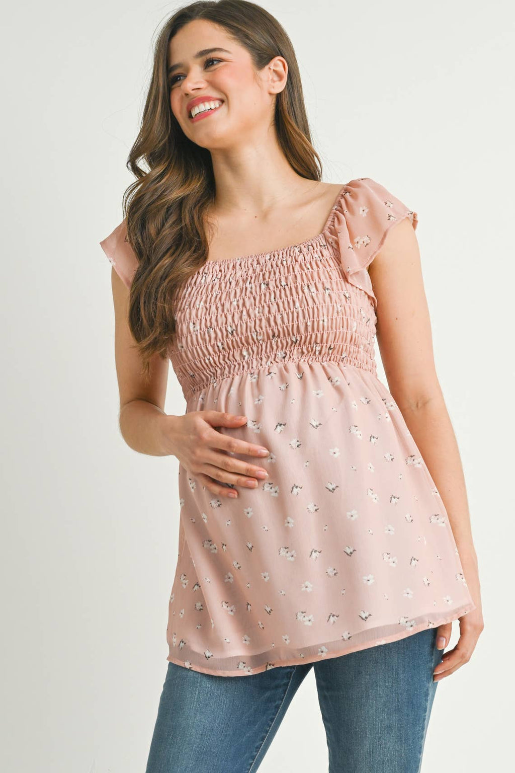 Floral Flutter Sleeve Maternity Smocked Top