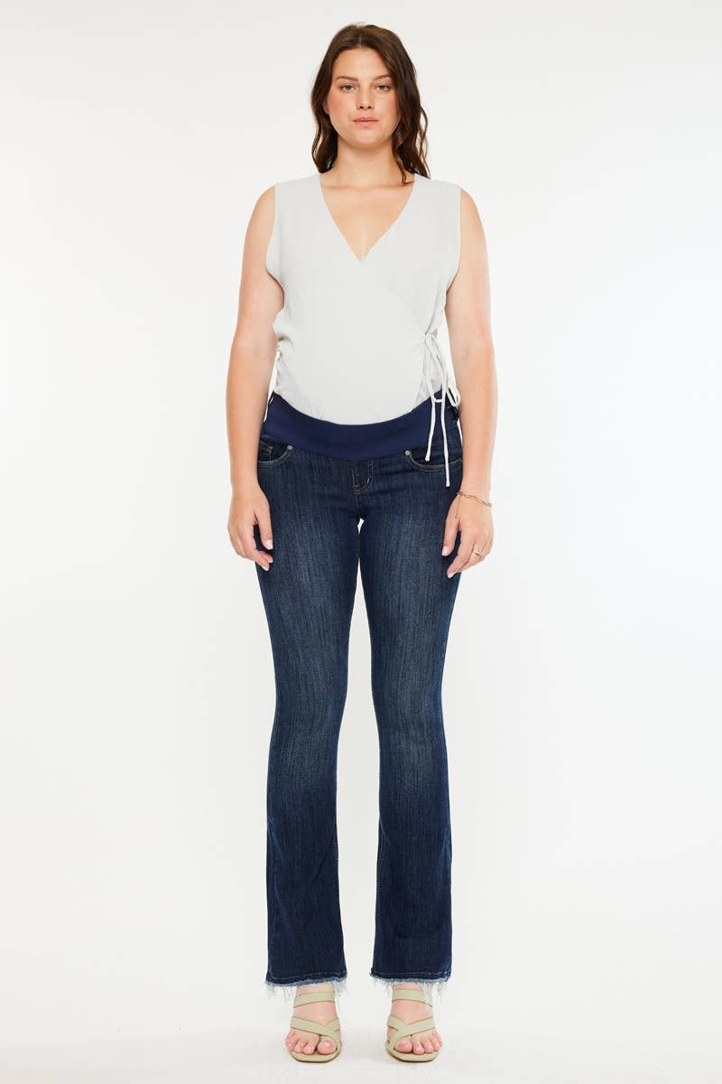 Kan Can Frayed Hem Dark Wash Maternity Bootcut Jean