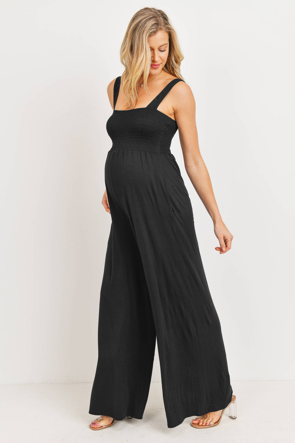 Sleeveless Smocked Maternity Wide Leg Jumpsuit in Black