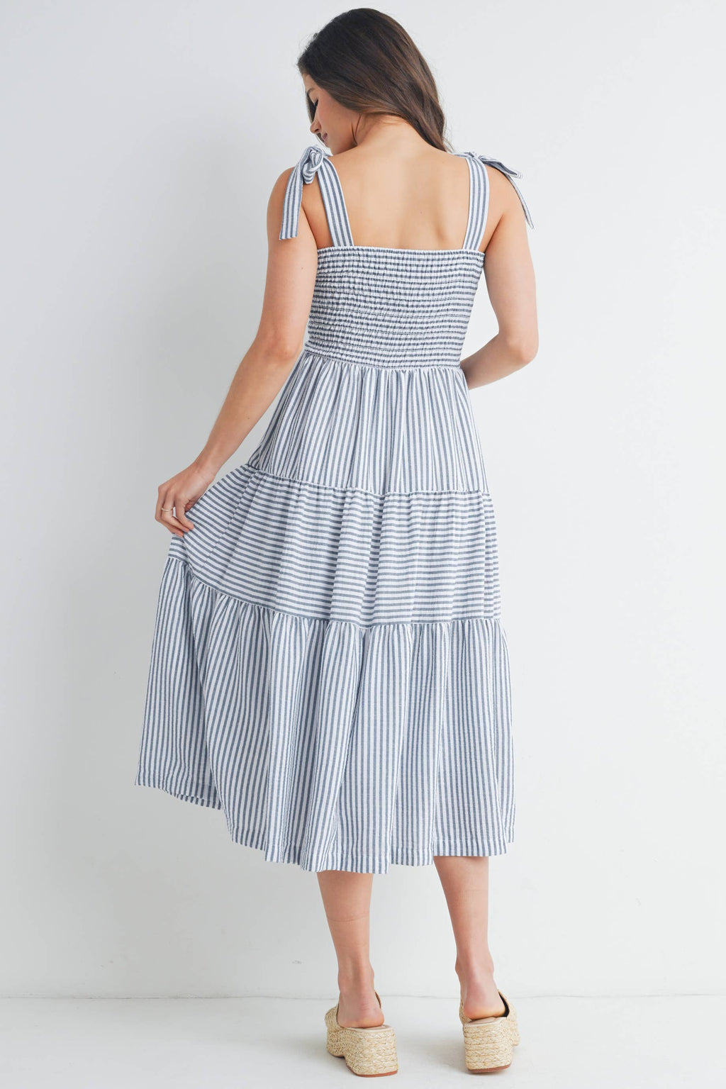 Striped Ruffle Tiered Maternity Midi Dress