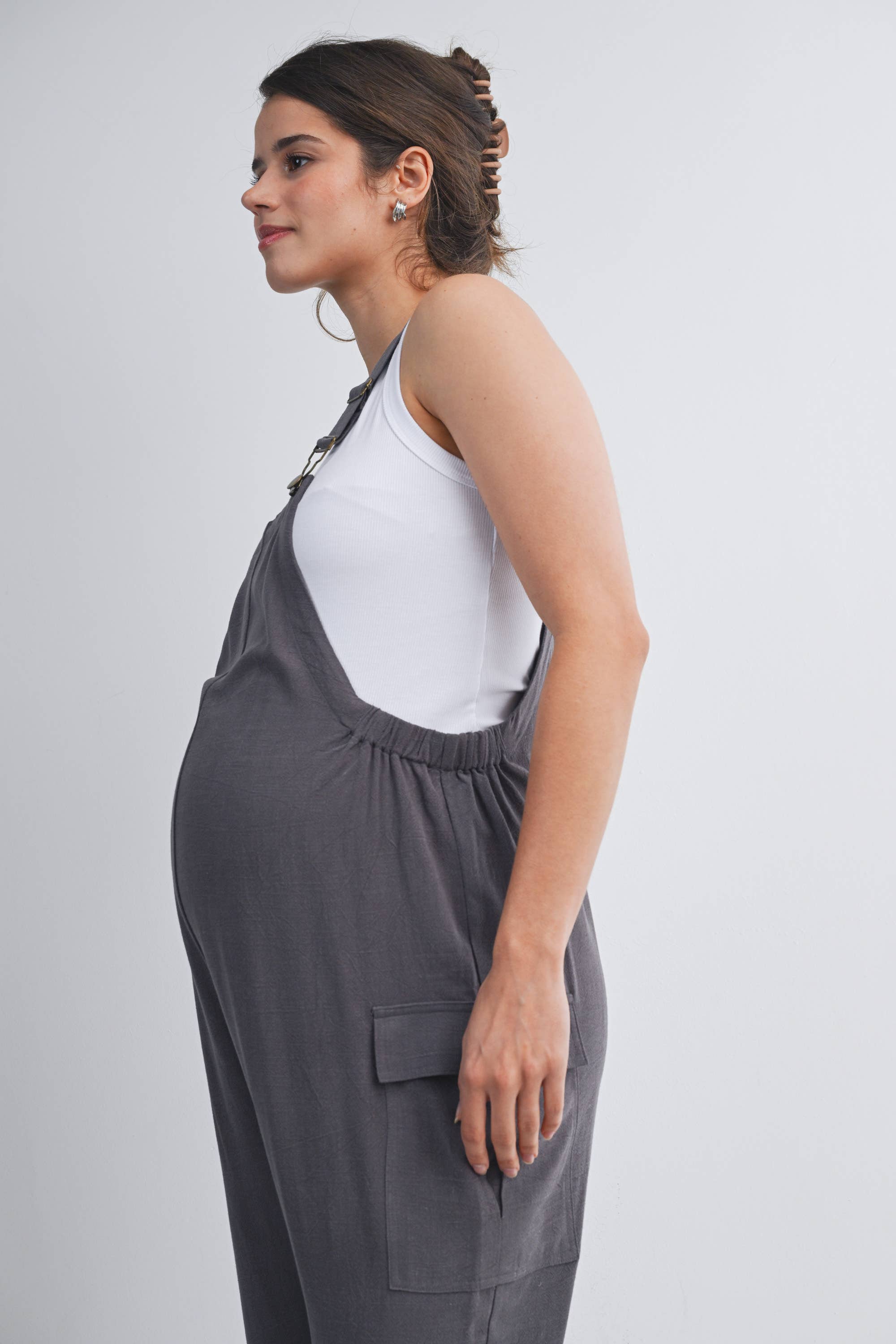 Straight Leg Maternity Adjustable Overalls in Gray