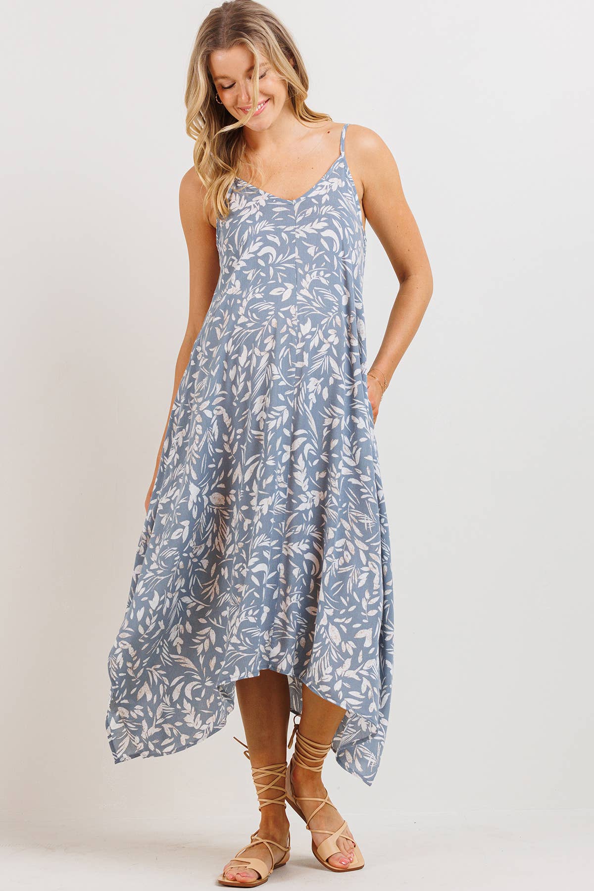 Light Blue Floral Asymmetric Maternity Midi Dress