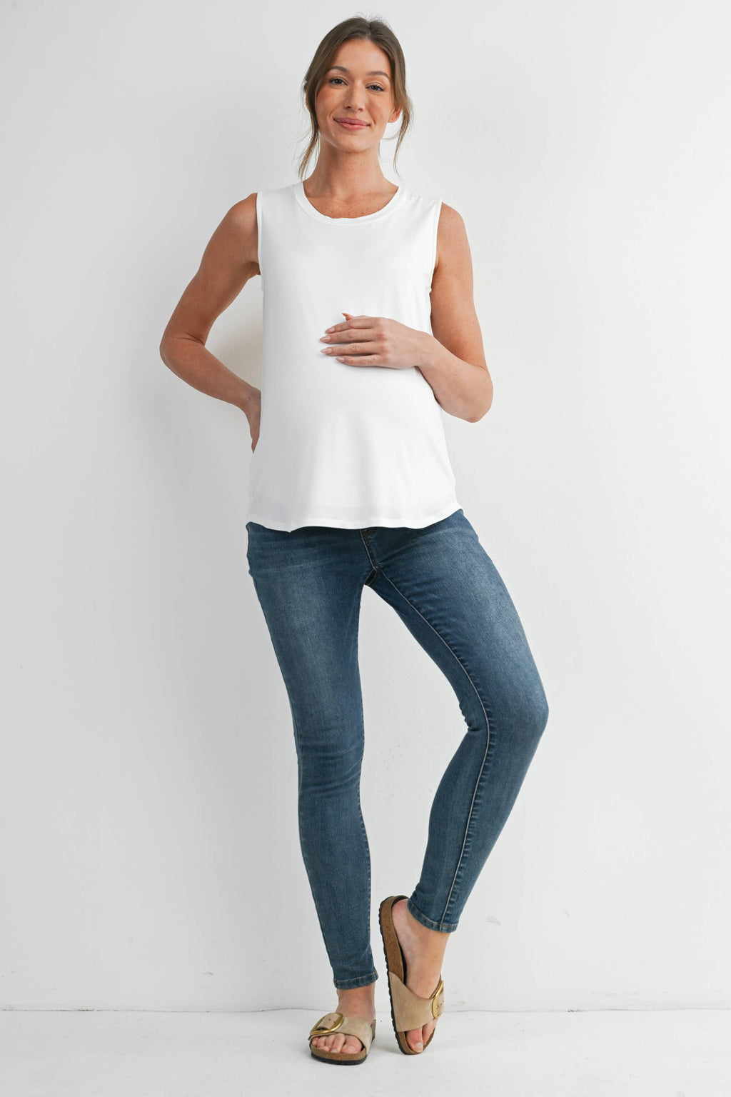Double Layer Sleeveless Maternity Nursing Knit Tank Top in White