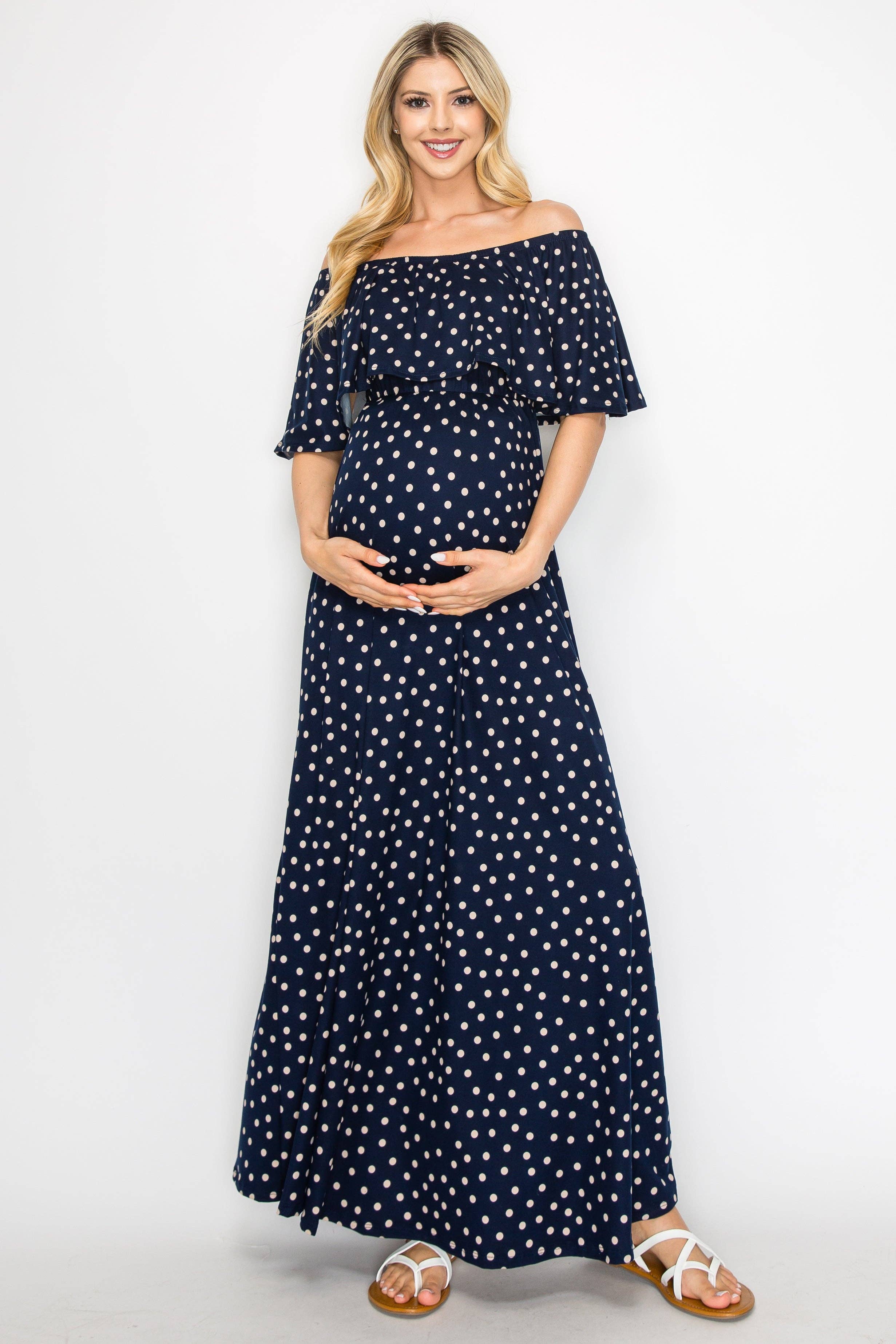 Off The Shoulder Navy/Polka Dot Maternity Maxi Dress