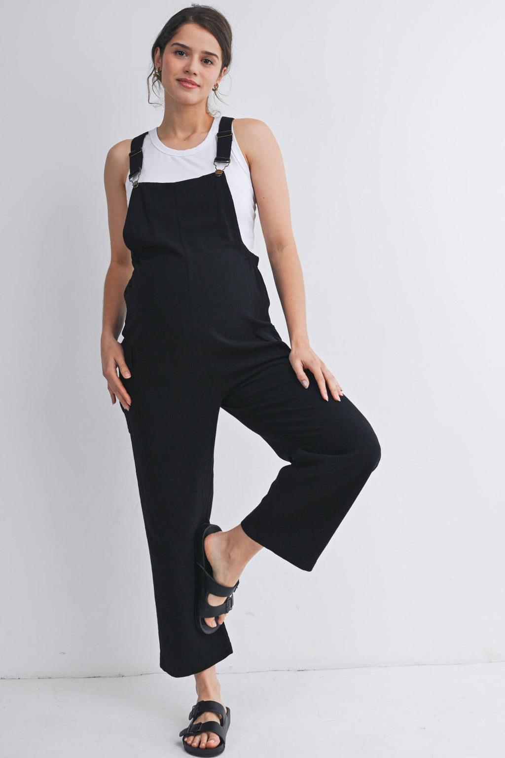 Straight Leg Maternity Adjustable Overalls in Black