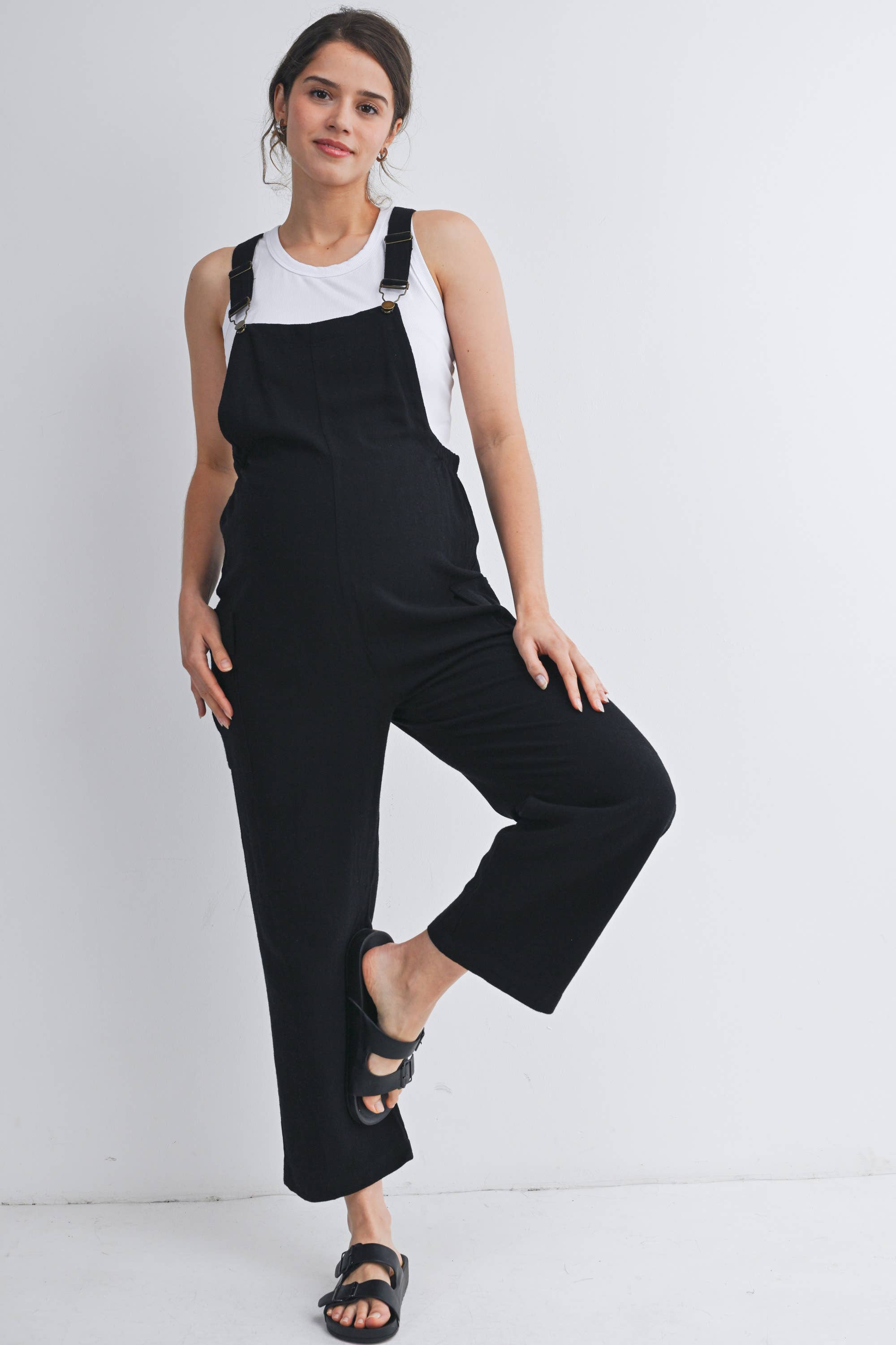 Straight Leg Maternity Adjustable Overalls in Black
