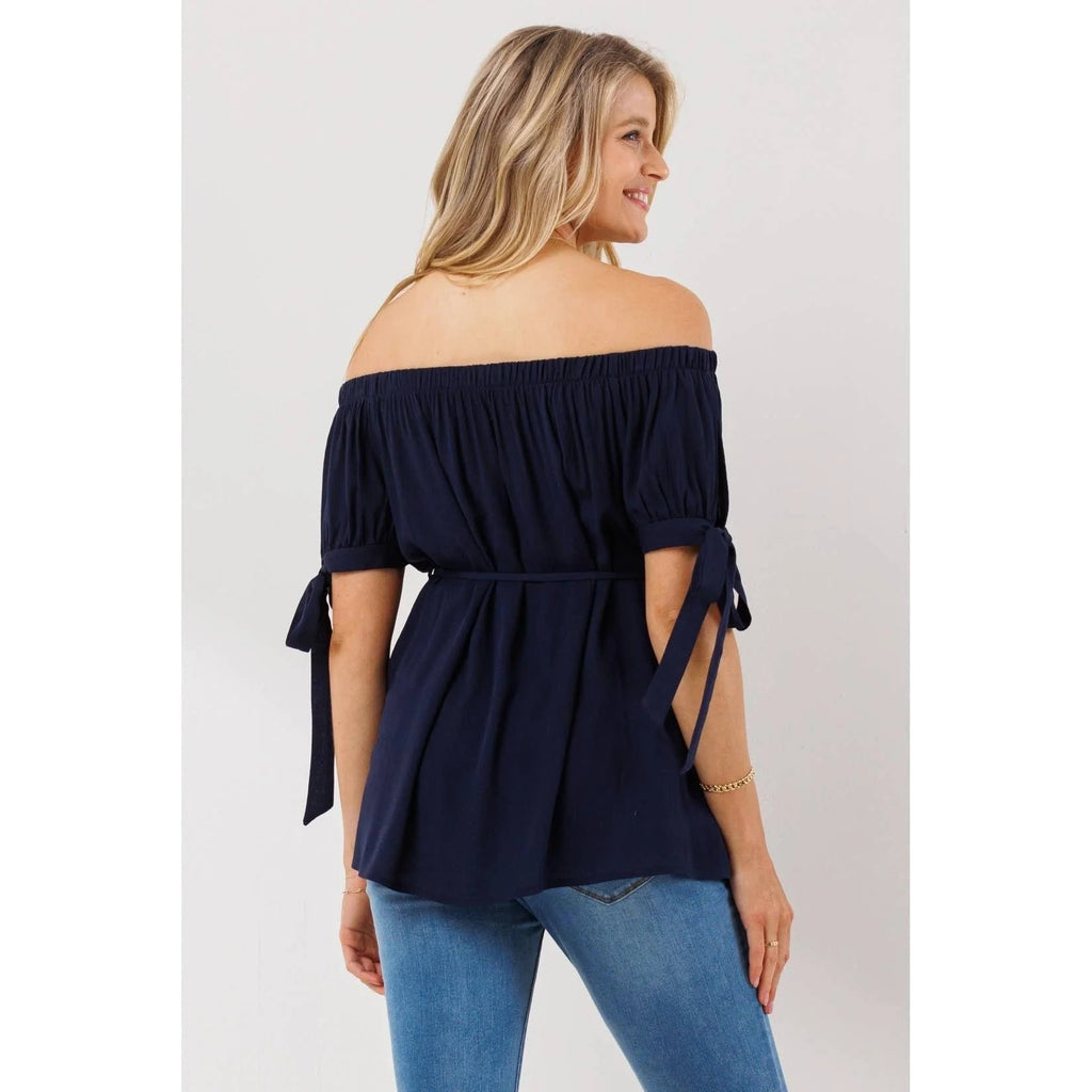 Off The Shoulder Tie-Sleeve Maternity Textured Top
