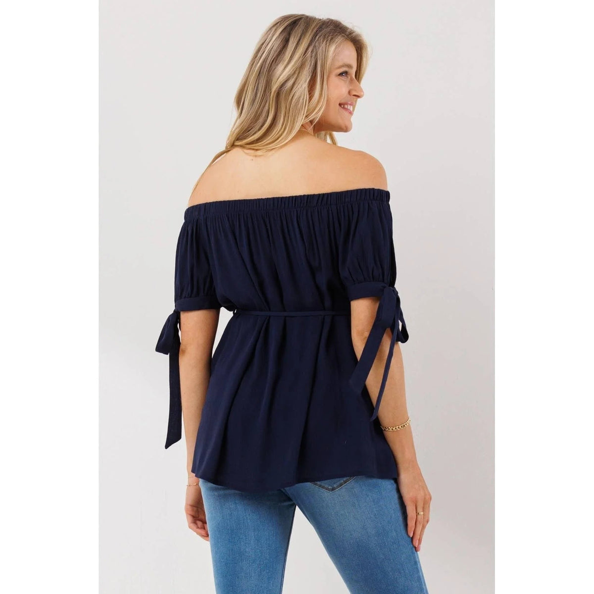 Off The Shoulder Tie-Sleeve Maternity Textured Top