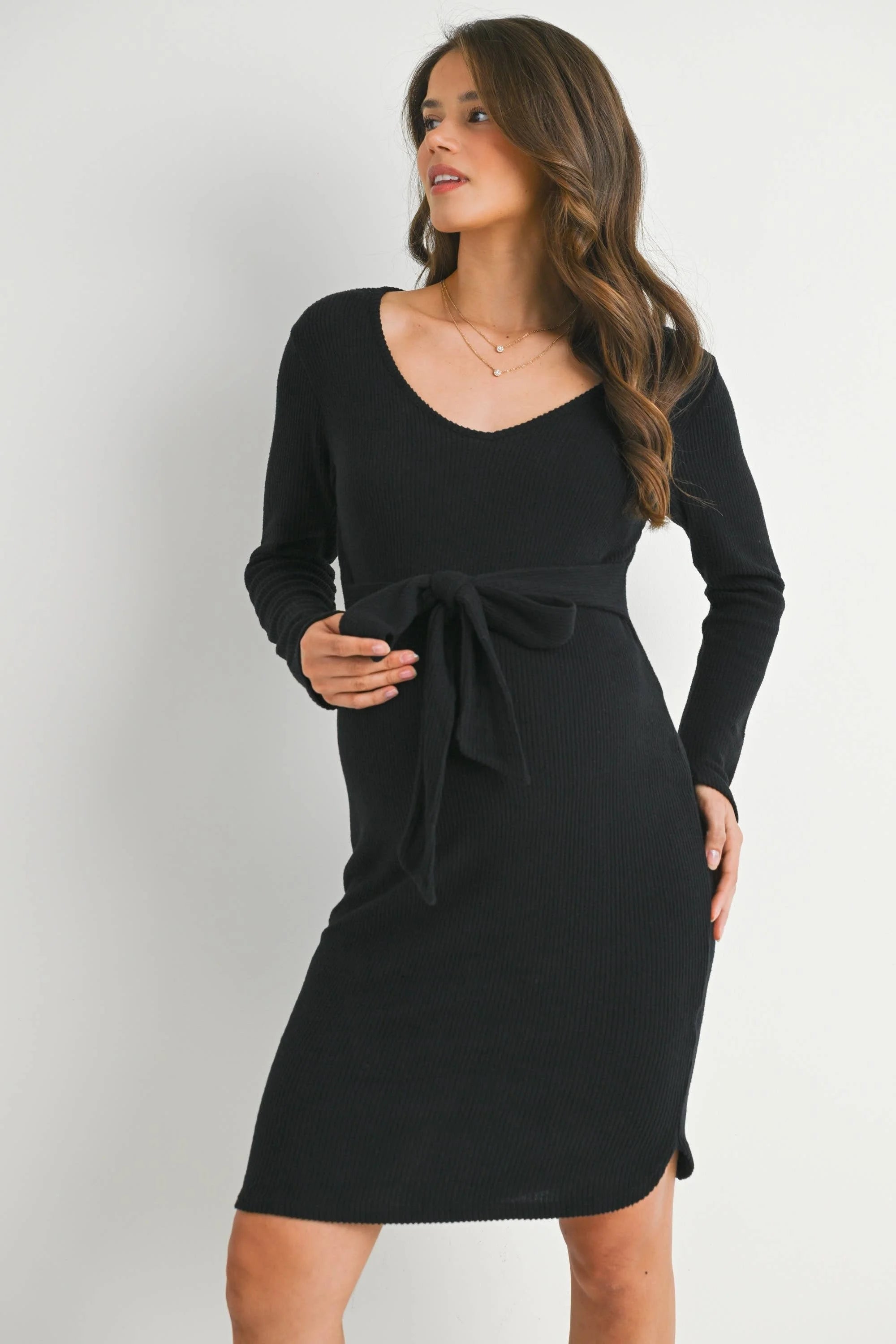 Ribbed Long Sleeve Tie Waist Maternity Knit Dress – Bump Maternity