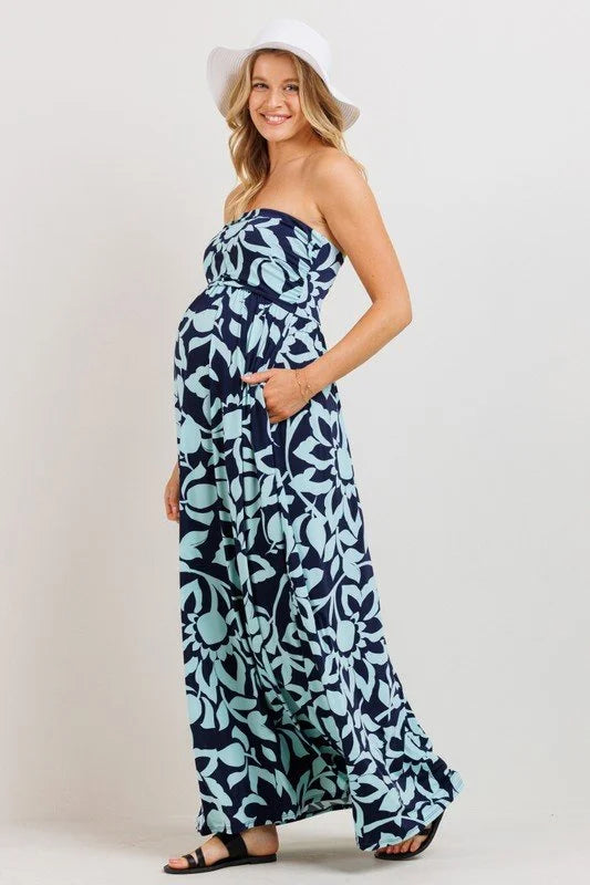 Navy/Teal Floral Bliss Strapless Maternity Maxi Dress