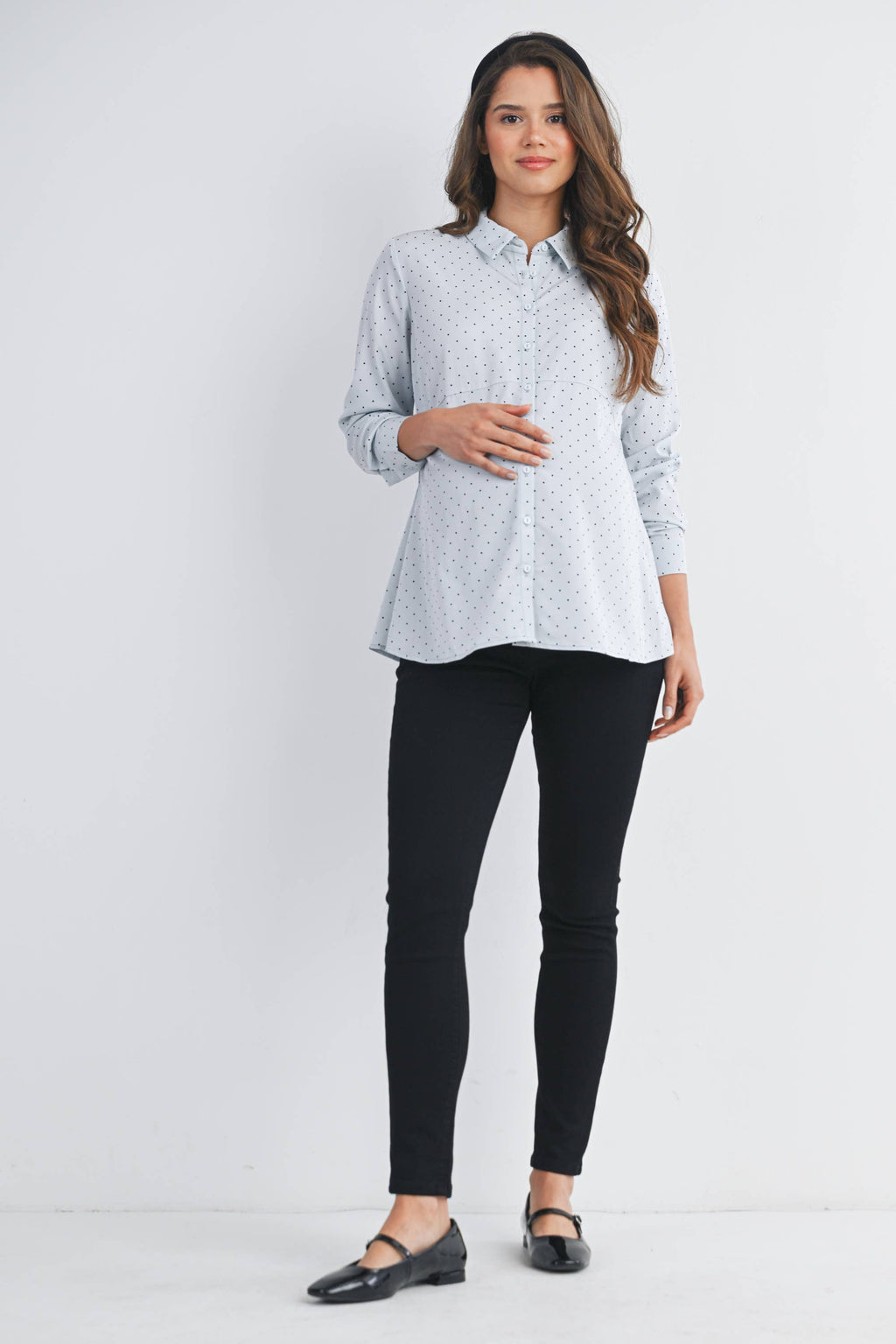Polka Dot Button Down Long Sleeve Maternity Top