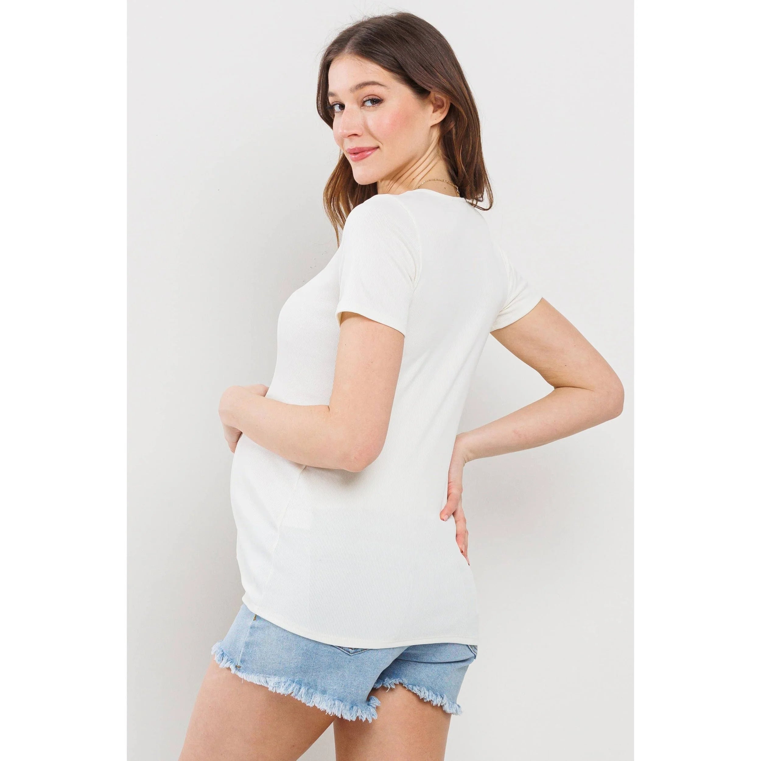 Cream Sweetheart Ribbed Maternity Short Sleeve Top
