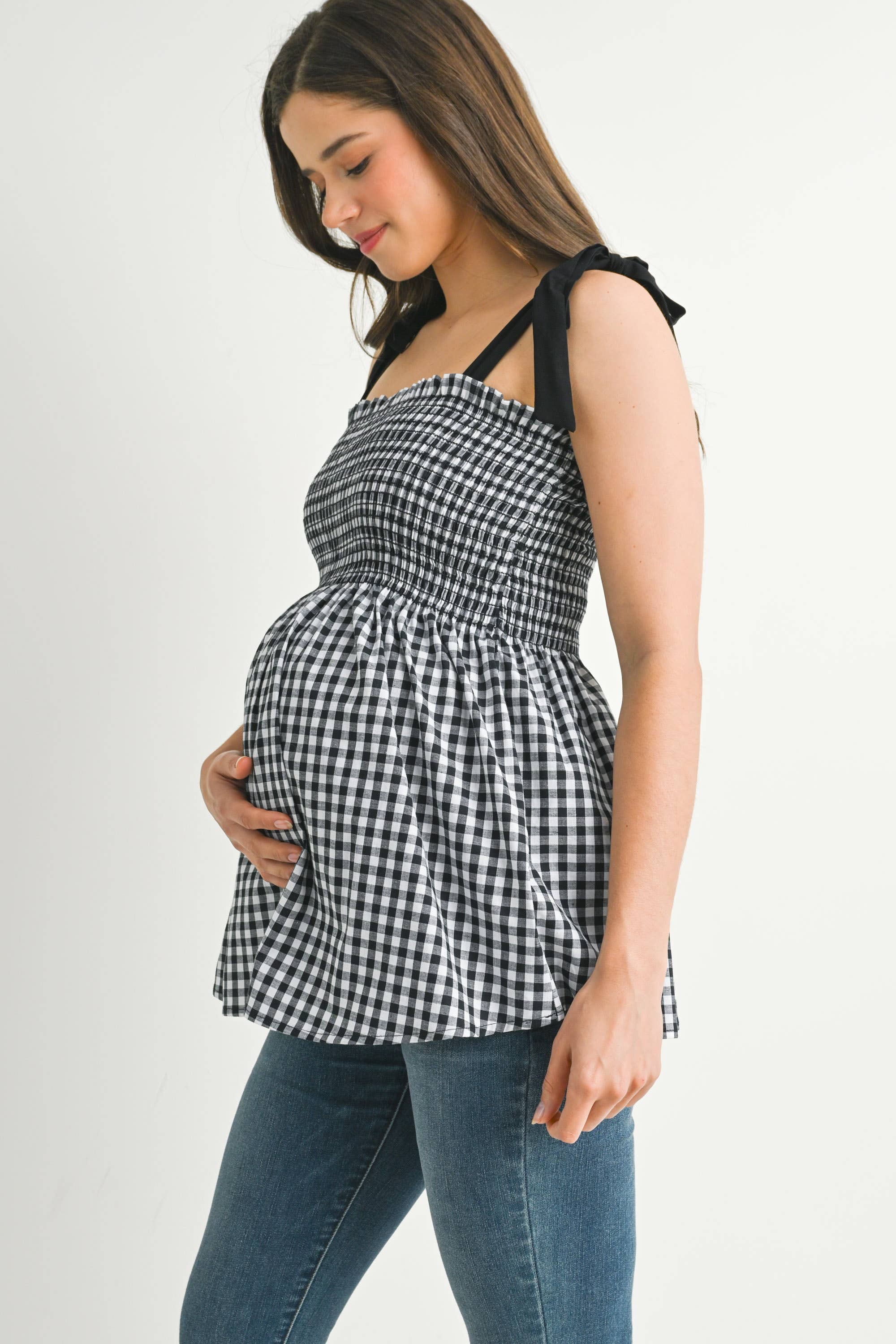 Black & White Gingham Maternity Babydoll Tank