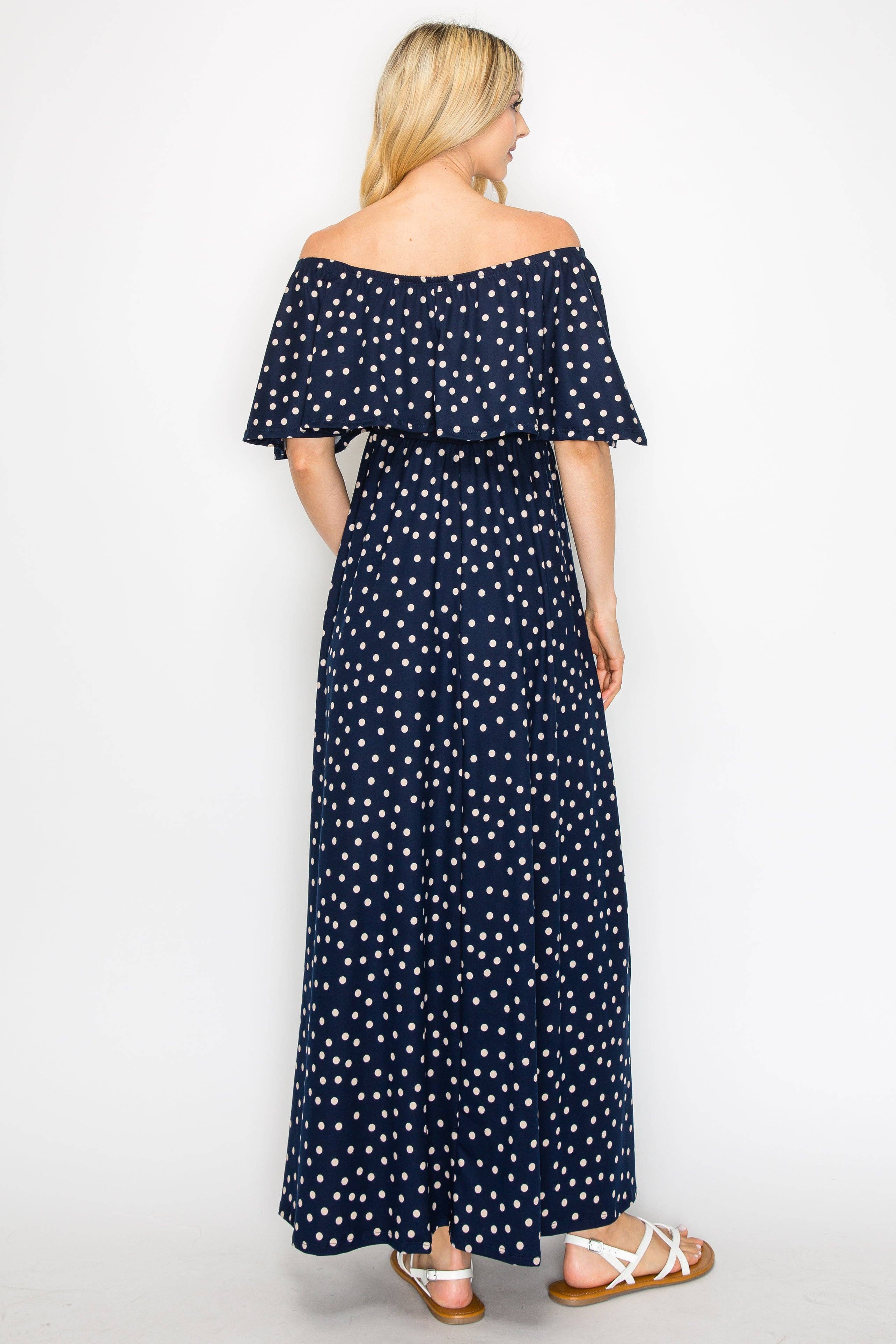 Off The Shoulder Navy/Polka Dot Maternity Maxi Dress