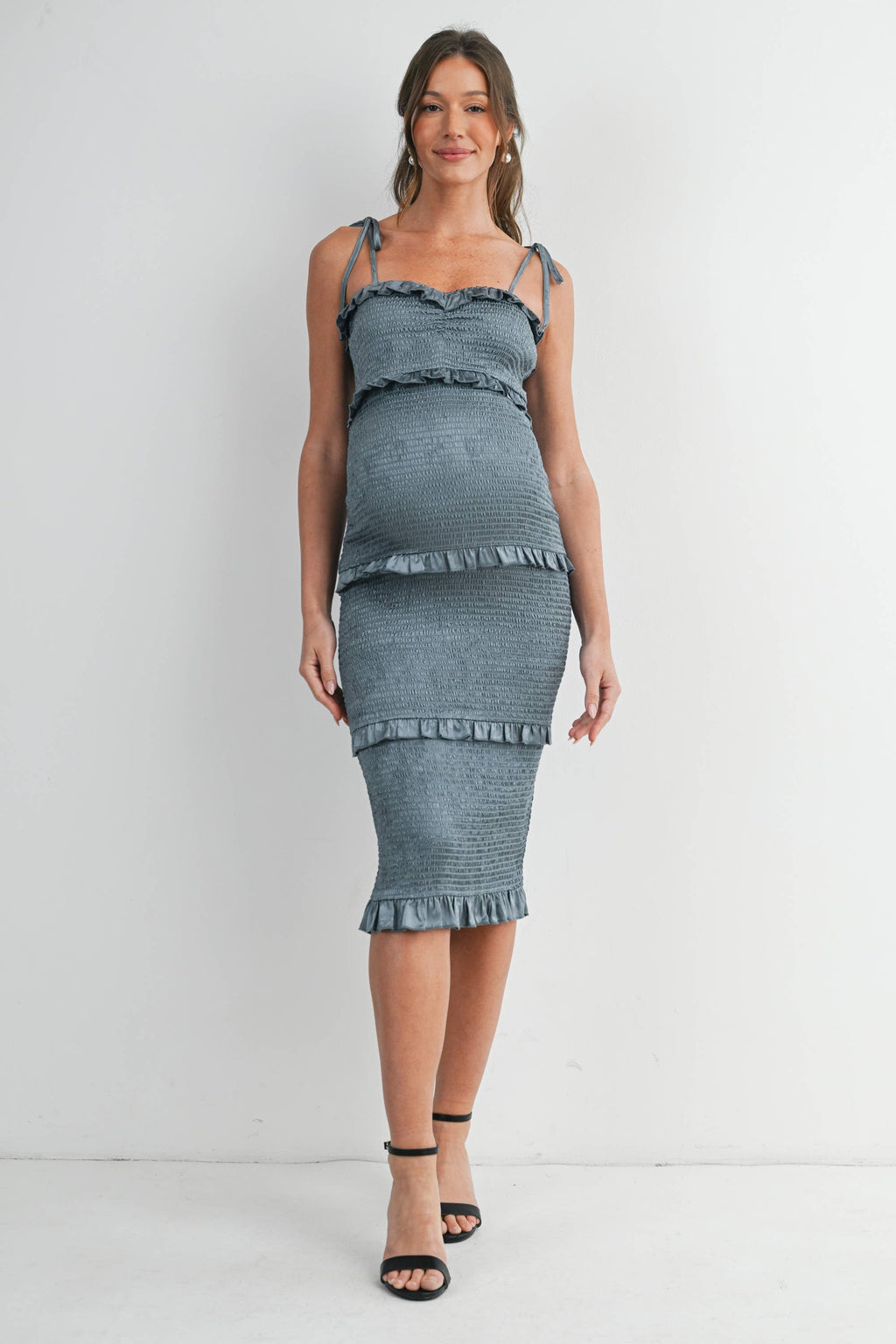 Smocked Ruffle Trim Maternity Midi Dress with Tie Straps in Teal