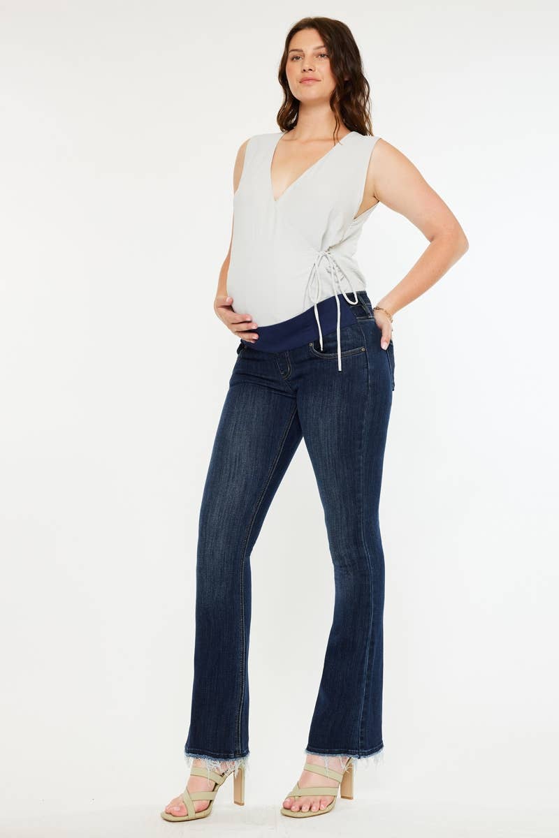 Kan Can Frayed Hem Dark Wash Maternity Bootcut Jean